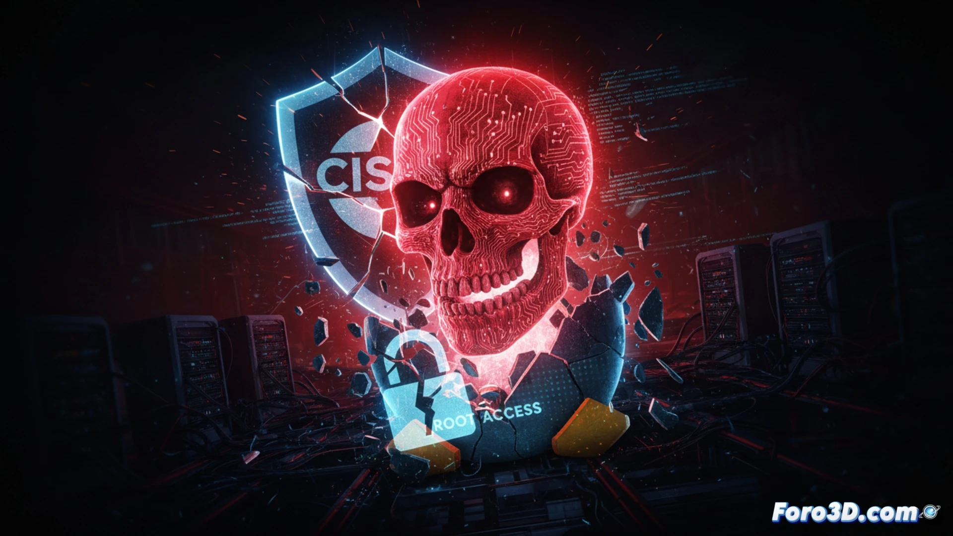 DESCRIPCIÓN: Pantalla de terminal Linux con código en rojo y un candado roto, sobre fondo oscuro, simbolizando el fallo crítico que otorga acceso root sin autenticación.