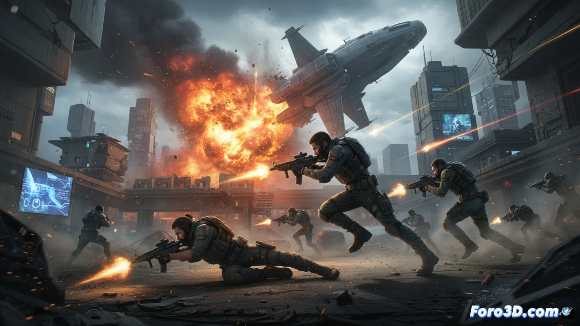 Explosión masiva en una base secreta, vehículo blindado CG destrozado por una onda expansiva, esquirlas metálicas y escombros volando en cámara lenta, destellos de disparos y múltiples impactos de bala perforando el chasis, sangre digital salpicando el suelo de hormigón, ingenieros de VFX ajustando simulaciones de partículas en monitores de alta resolución, software de renderizado mostrando nodos de física y trayectorias, iluminación dramática con destellos anaranjados y humo negro, estilo cinematic photorealistic technical visualization, ultra-detallado
