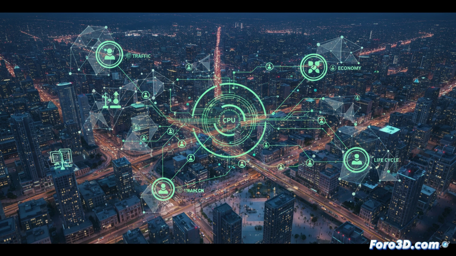 Captura de Cities Skylines II mostrando una densa ciudad con tráfico y edificios detallados en tiempo real