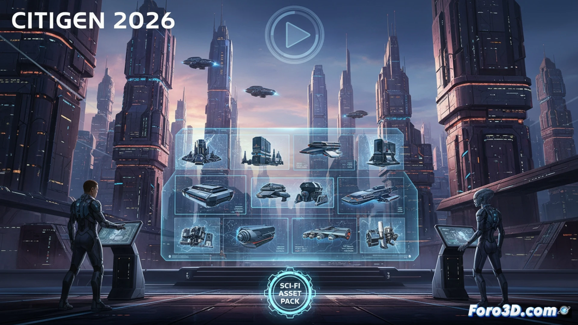Una interfaz futurista de Citigen 2026 con neones azules y violetas, mostrando el nuevo Sci-fi Asset Pack en un paisaje urbano digital.