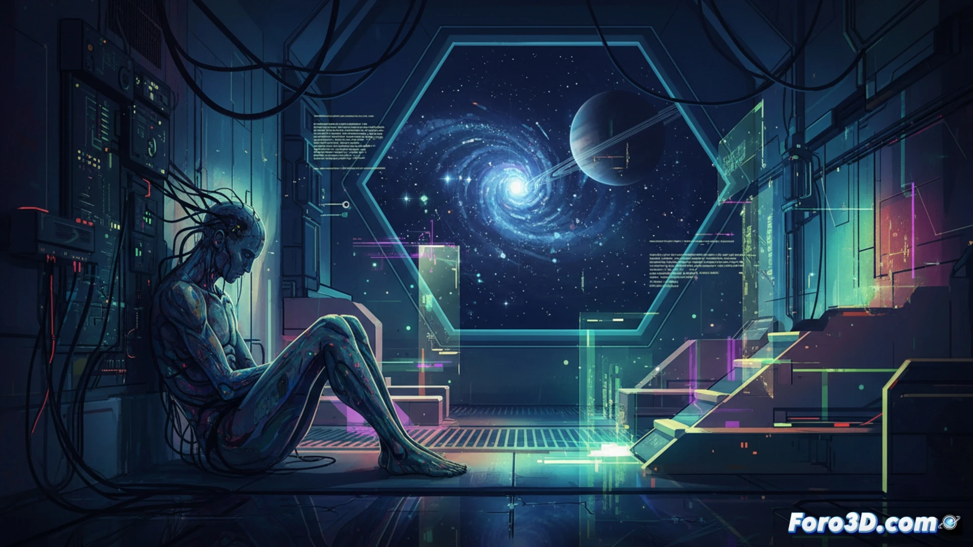 Arte vectorial ciberpunk de Citizen Sleeper con personajes estilizados en estación espacial