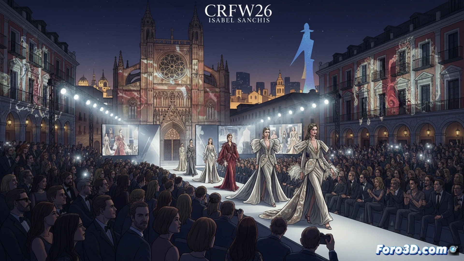 runway spotlight illuminating flowing silk gown with intricate beaded embroidery, model mid-stride during Isabel Sanchis fashion show, fabric catching light while moving, audience seated in dark foreground, stage lights creating dramatic shadows on textured textiles, close-up showing hand-stitched sequins and metallic thread details, cinematic photorealistic fashion photography style, shallow depth of field blurring background, high-end couture tailoring visible in garment construction, elegant evening wear silhouettes, professional catwalk lighting setup, ultra-detailed fabric texture rendering