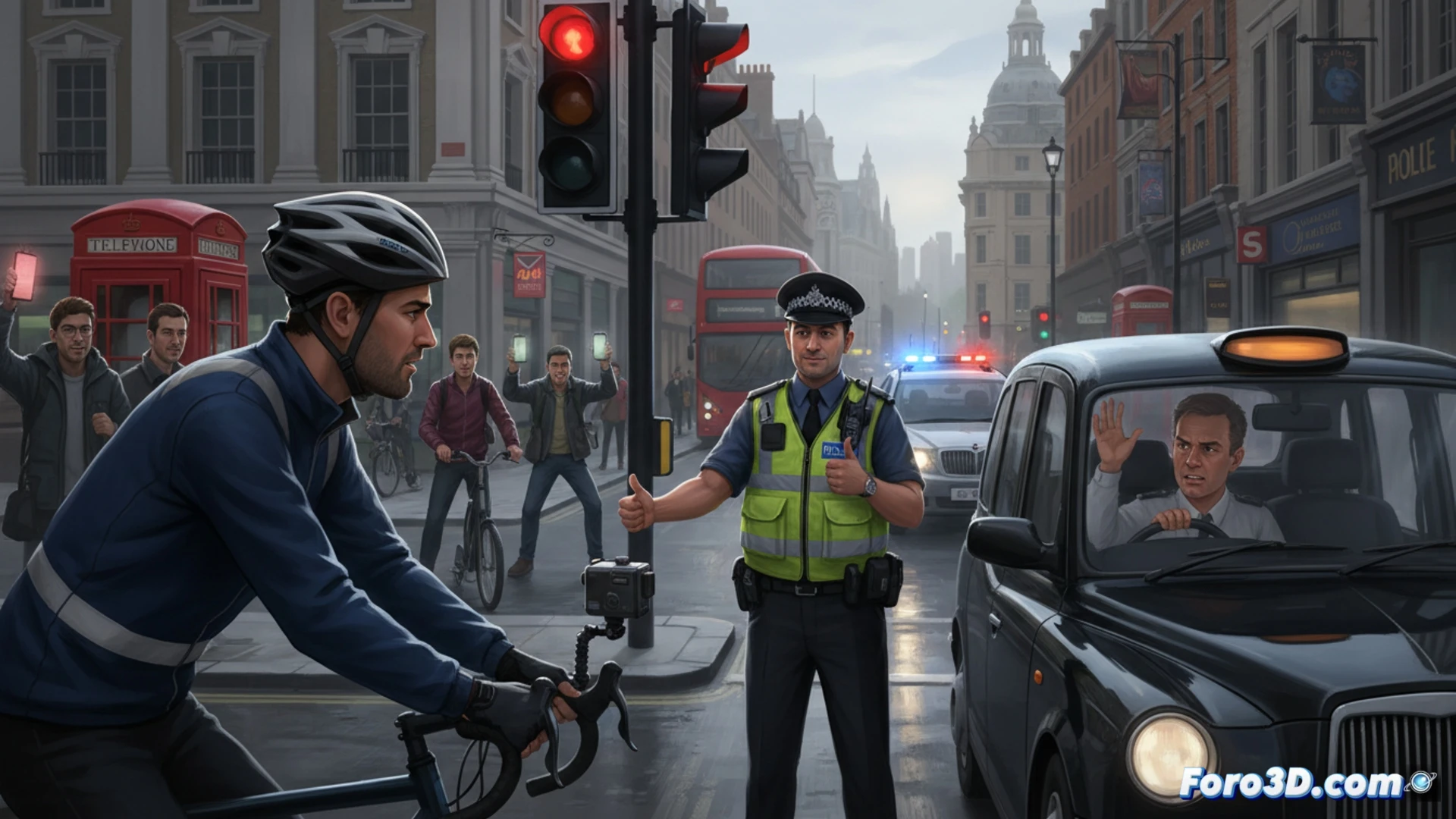 cyclist with helmet-mounted camera recording a driver holding a smartphone at the wheel, urban London street scene, police officer reviewing digital evidence on a tablet while pointing at the vehicle, Operation Snap dashboard interface visible on a nearby laptop screen showing uploaded video files and case status indicators, photorealistic technical illustration, bright daylight, clear road markings, realistic reflections on car windshield, cinematic angle from cyclist perspective, detailed camera lens and recording LED light, modern city background with double-decker bus, sharp focus on the enforcement action