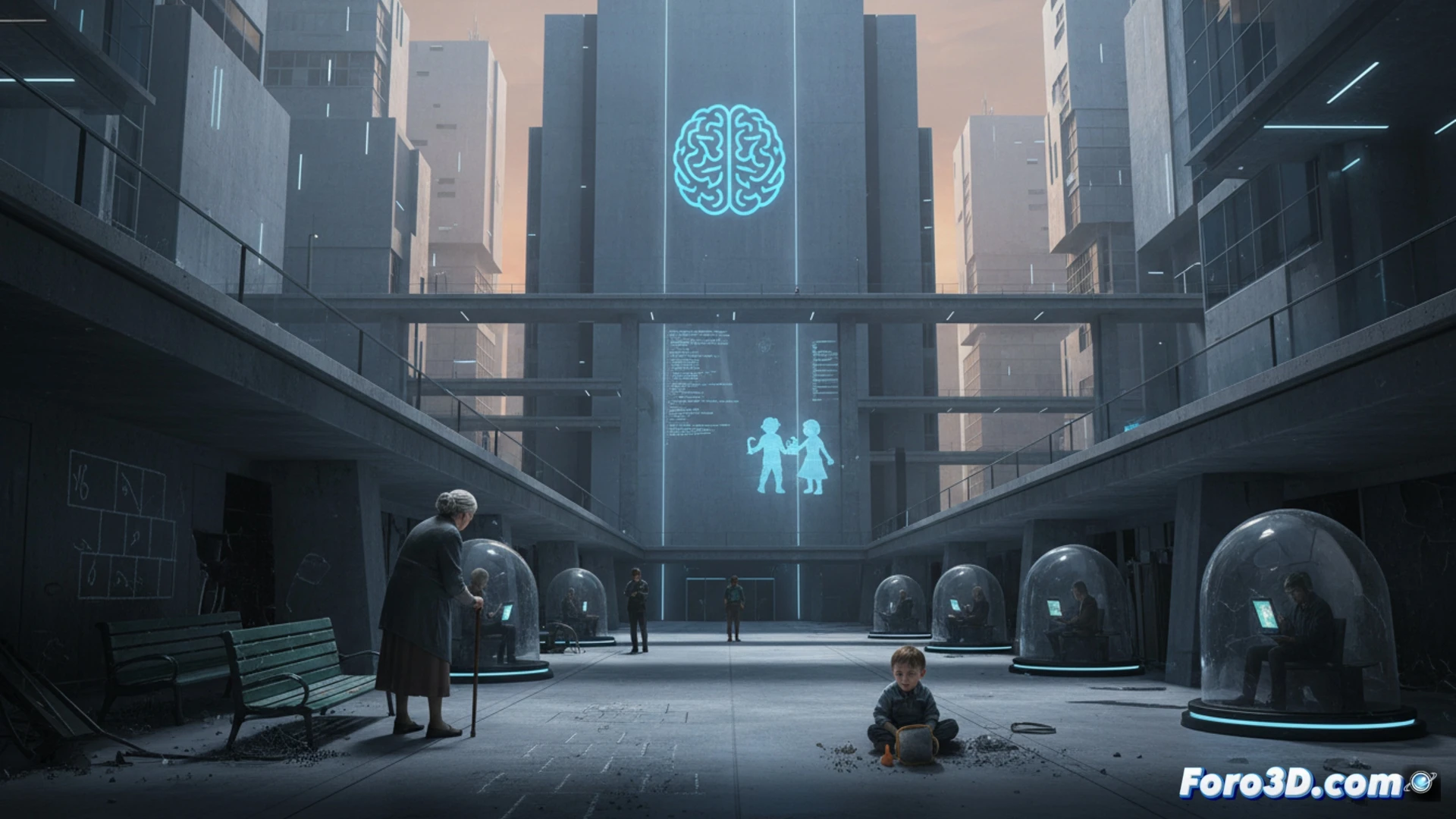 photorealistic urban scene at twilight, elderly person sitting alone on a modern concrete bench without shade, children playing on sterile pavement with no trees, empty smart-city plaza with surveillance cameras and digital billboards, cracked ground showing forgotten community spaces, cold blue LED streetlights illuminating isolated figures, cinematic architectural visualization, wide-angle lens, dramatic shadows, hyper-detailed textures of glass and steel, melancholic atmosphere, technical urban render