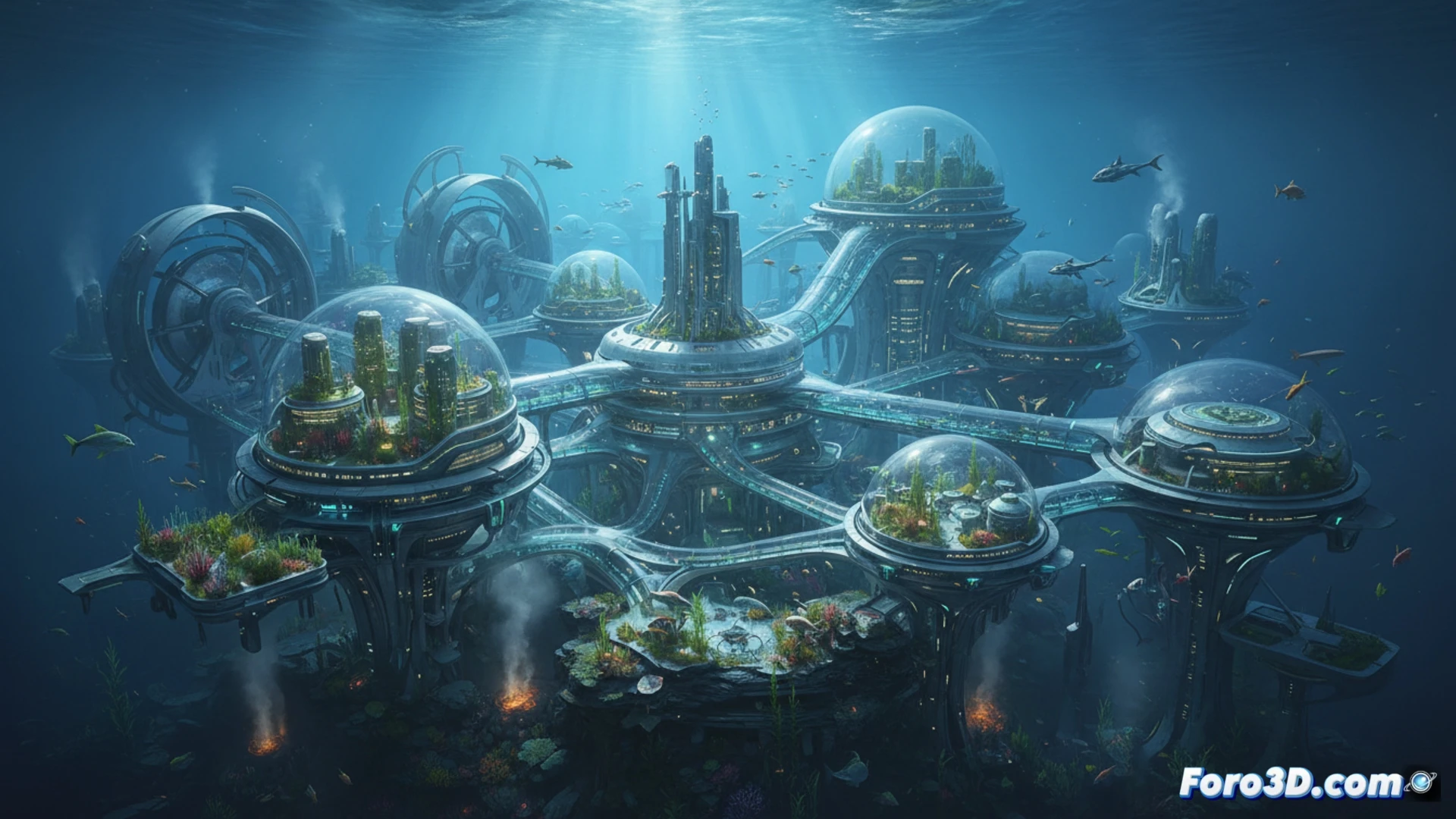 Una ciudad futurista bajo el mar, con cúpulas transparentes iluminadas, conectadas por túneles, rodeada de arrecifes y fauna marina.