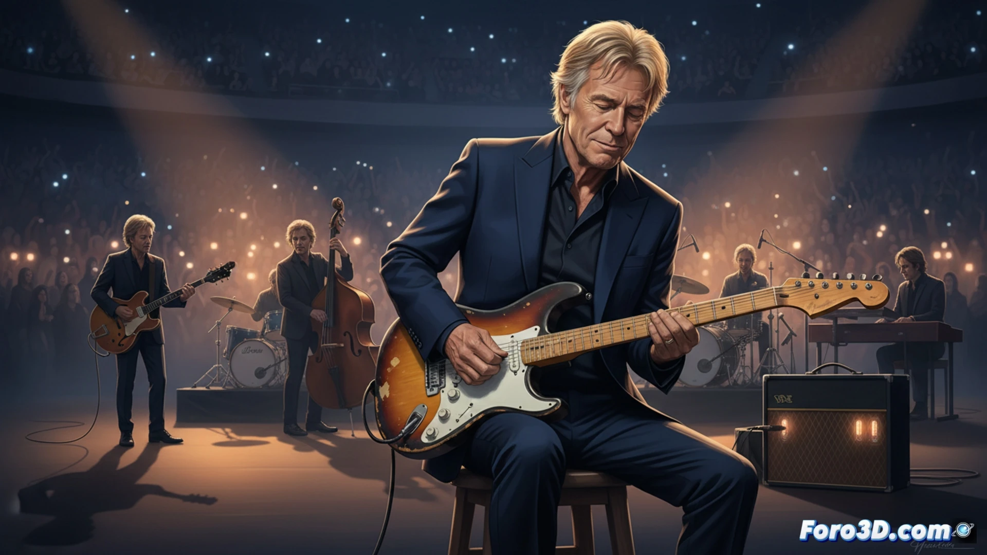 Eric Clapton en el Palau Sant Jordi, guitarra en mano, iluminado por focos tenues, con el público en silencio reverente mientras toca blues sereno y sin concesiones.