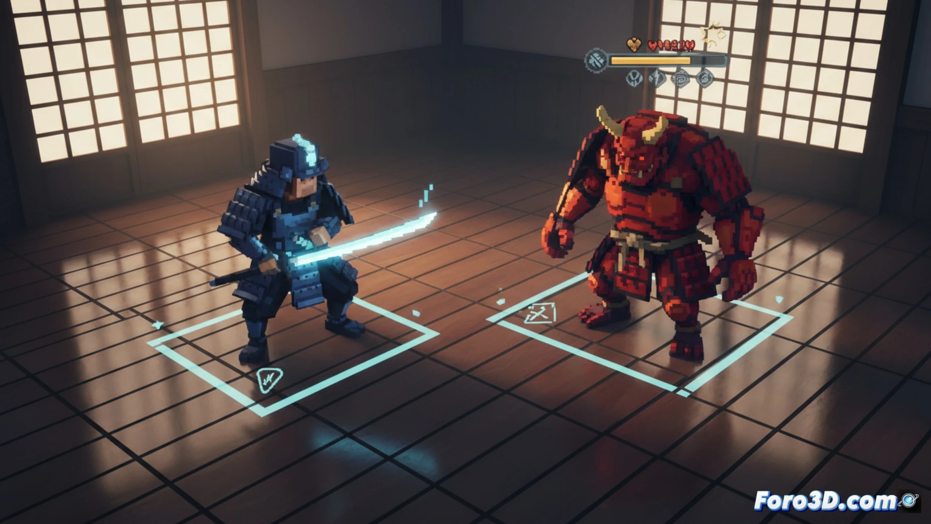 Pixel art minimalista de Shogun Showdown, combate por turnos con claridad visual estratégica en Unity