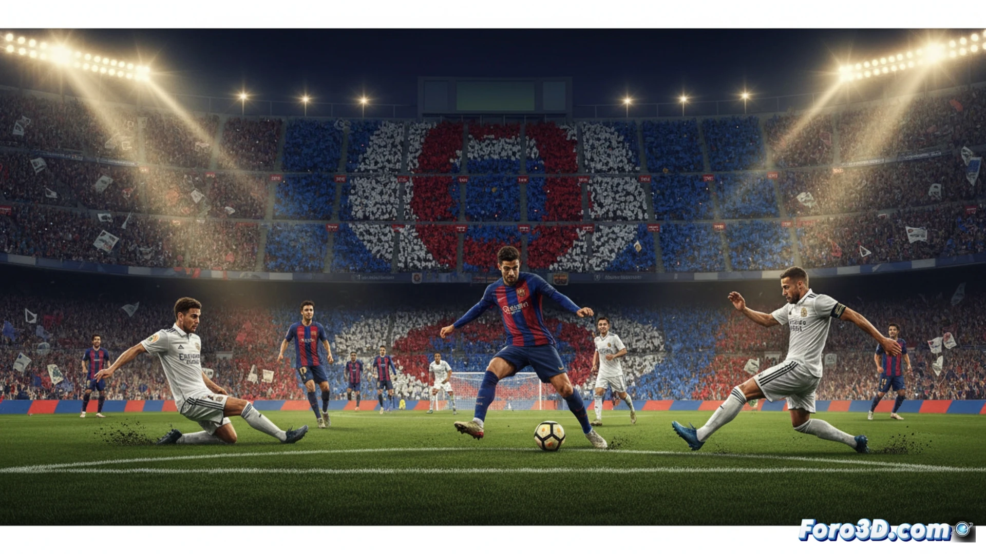 Vista aérea del Camp Nou lleno, con afición azulgrana ondeando banderas. En el césped, jugadores del Barça y Madrid se alinean bajo un cartel luminoso que anuncia: 'LaLiga 2025/26'.