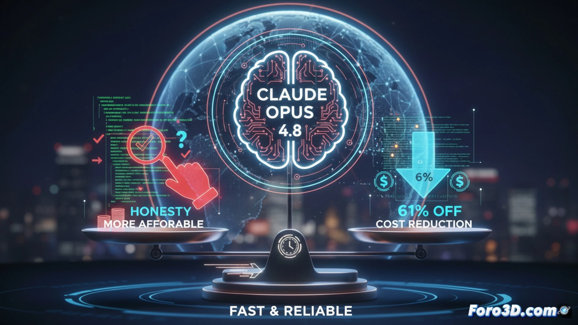 software developer reviewing code on dual monitors, Claude AI interface highlighting a syntax error with a glowing red bracket, green checkmark appearing on a refactored function block, cost reduction graph showing a downward arrow with 61 percent savings, clean modern desk setup with mechanical keyboard and tablet, cinematic engineering visualization, warm ambient lighting, focused professional atmosphere, realistic technical illustration style, ultra-detailed code syntax colors, photorealistic render