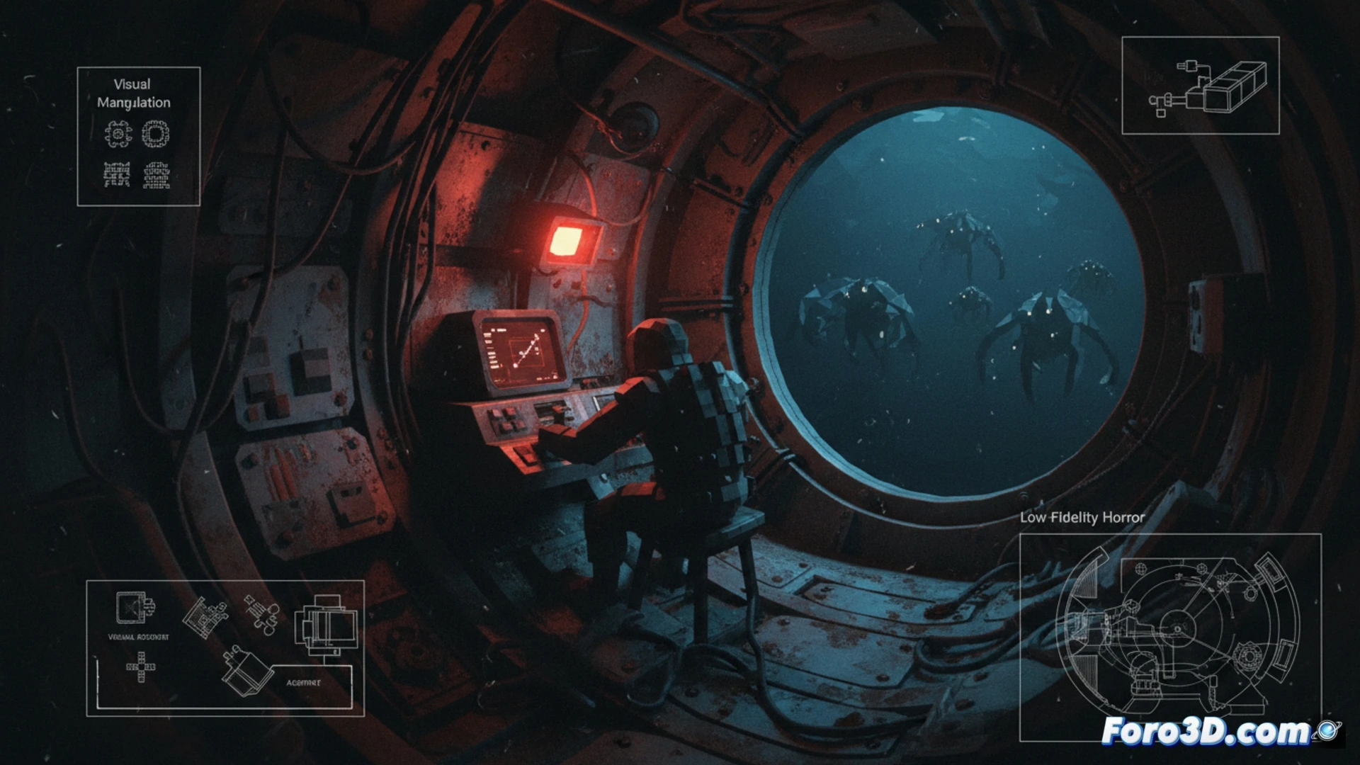 Submarino oxidado en oscuridad, cámara granulada y monitor con texto pixelado, atmósfera claustrofóbica low-poly
