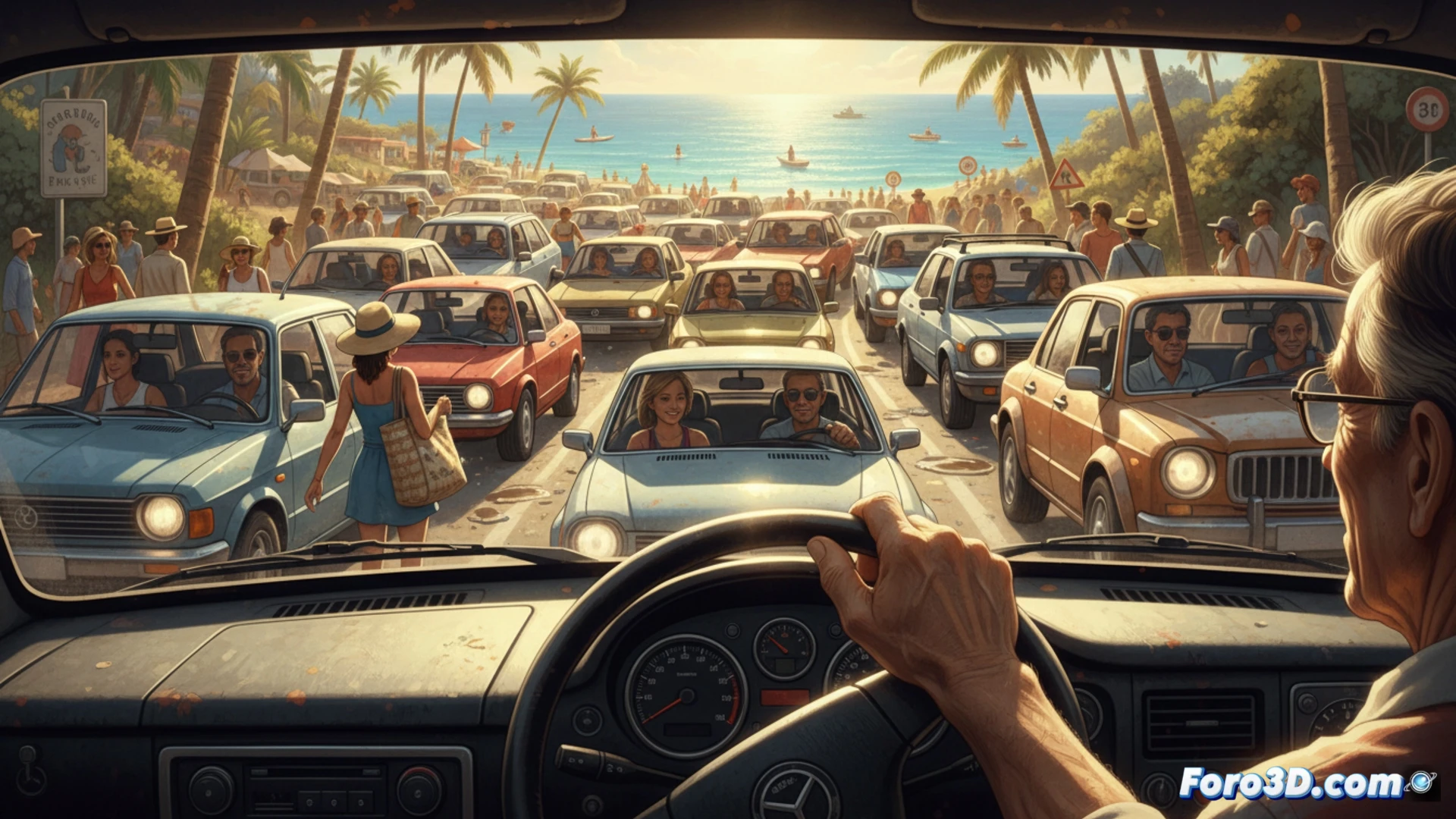 Una vista aérea de un atasco urbano de verano, con coches detenidos bajo el sol, una mano quitando el claxon del volante y un termómetro marcando calor extremo.