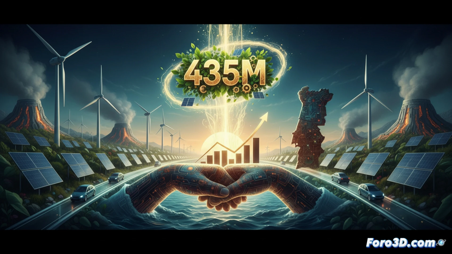 Un gráfico ascendente en verde brillante cruza los 435M, con banderas de España y Portugal sobre un mapa ibérico iluminado por energía limpia.