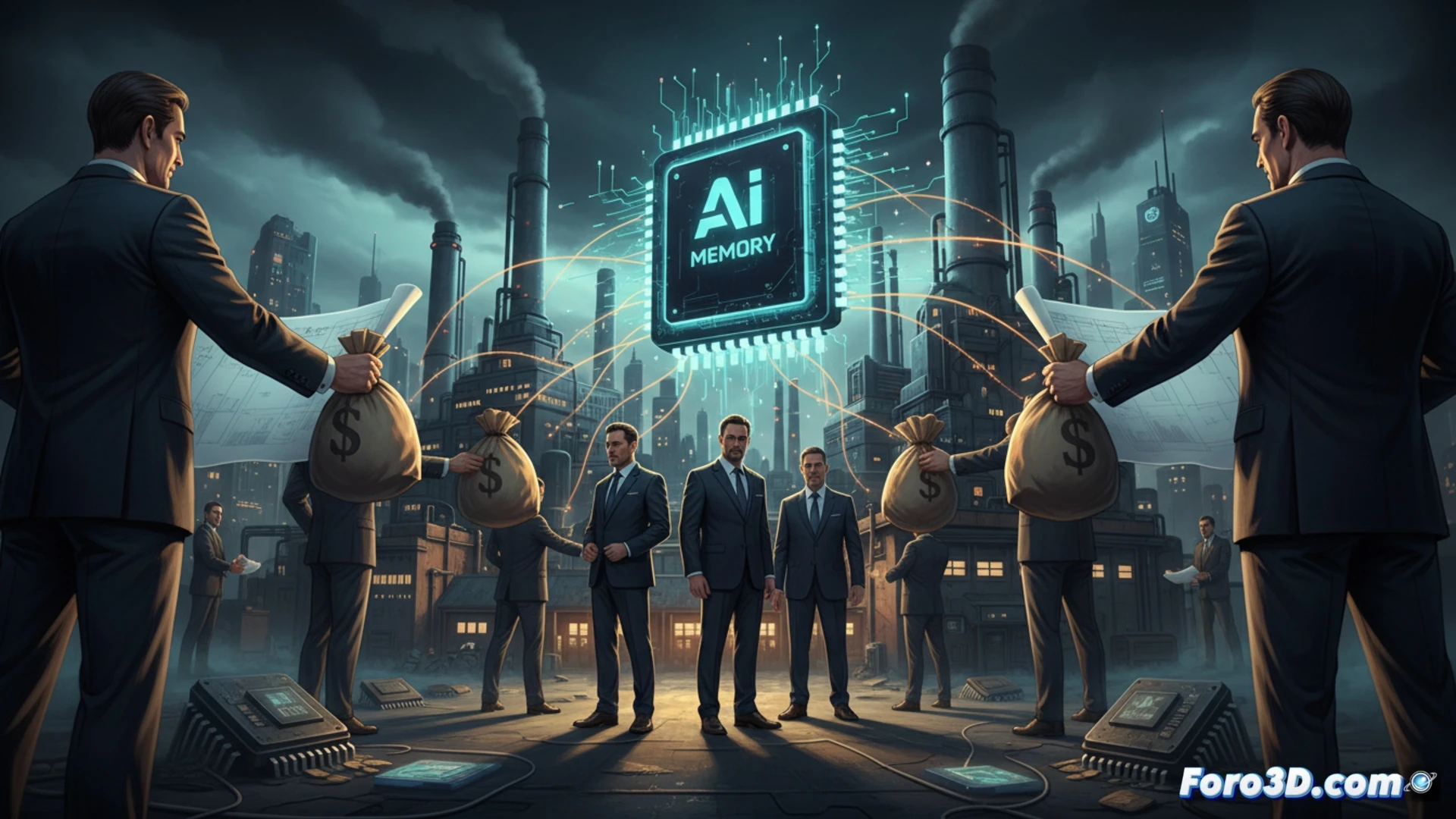 Imagen de una fábrica futurista de chips con luces azules y naranjas, donde manos de ejecutivos ofrecen fajos de billetes sobre planos técnicos, mientras un robot de IA supervisa desde una pantalla gigante.