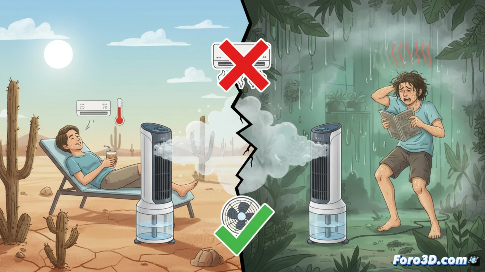 Anuncio falso de climatizador evaporativo en redes sociales con ola de calor de fondo