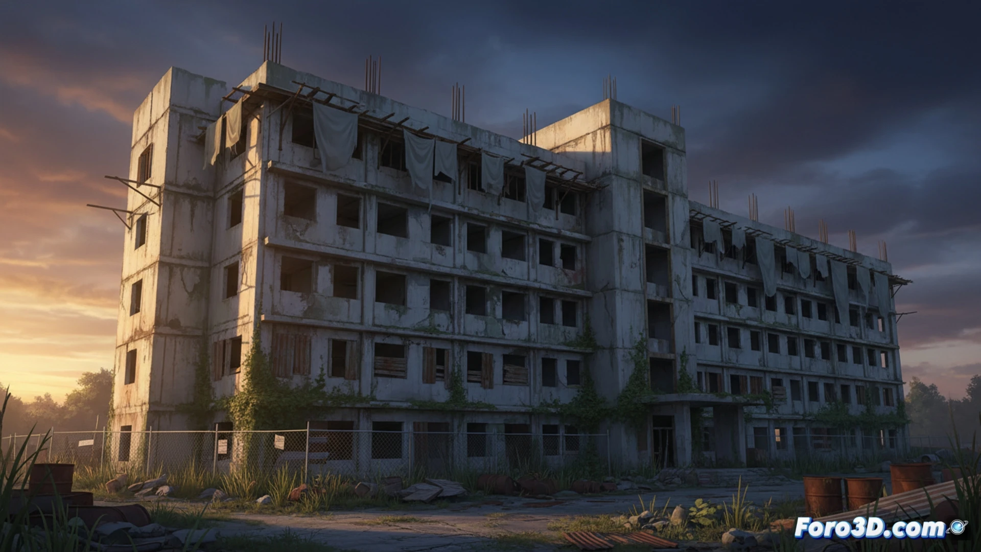 Reconstruccion 3D de la Clinica Fantasma de Los Gallos en Chiclana, con grietas y estructura deteriorada.