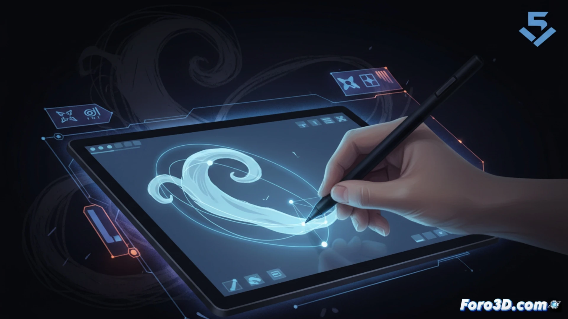 digital artist hand holding a stylus on a drawing tablet, screen showing Clip Studio Paint interface with a rough sketch of a curved line being stabilised by Smart Shape system, line transforming from jagged to smooth while preserving natural hand-drawn texture, stylus tip pressed at end of stroke creating a glowing precision point, tablet surface with subtle pressure sensors visible, technical illustration style, soft backlight from monitor, clean workspace with minimal tools, photorealistic engineering visualization, focused action of digital drawing process