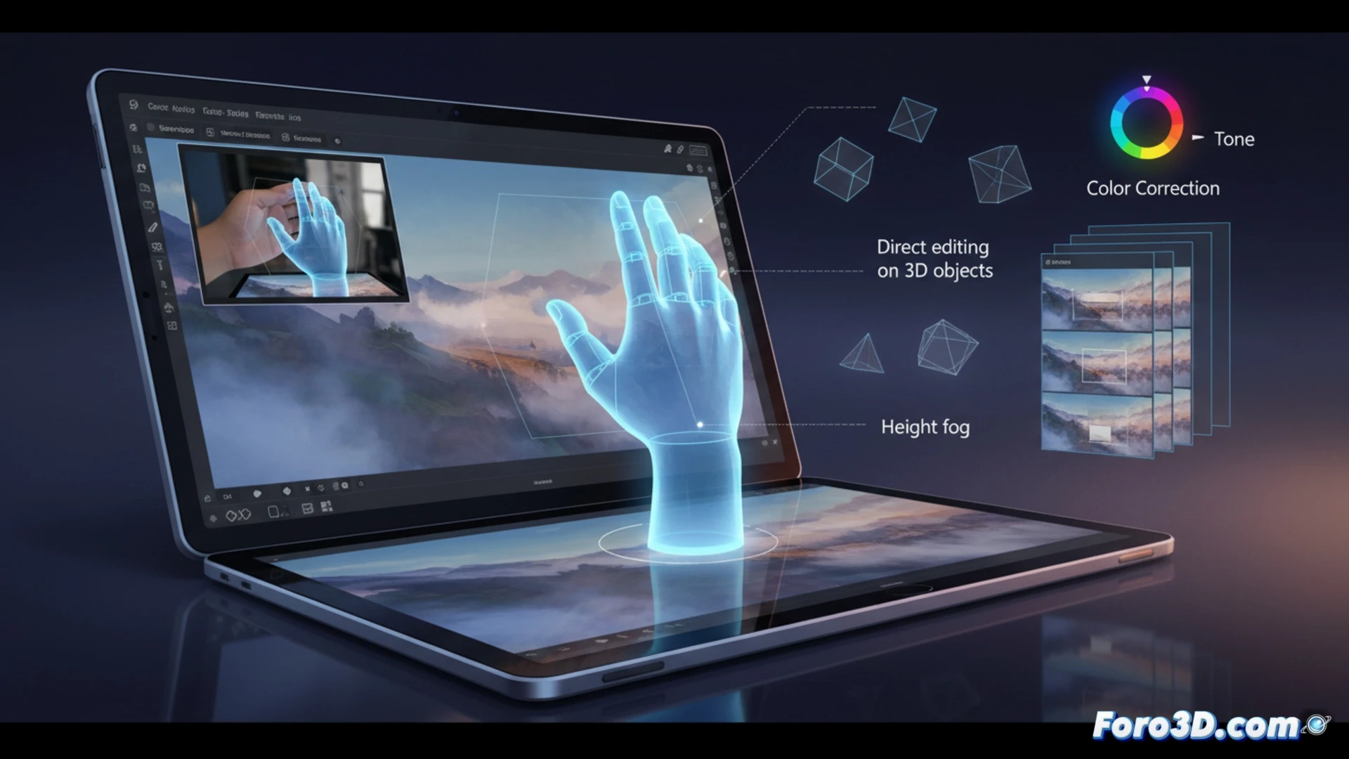 digital artist workspace, Clip Studio Paint 5 interface showing a 3D hand model posed mid-air as reference, hand rotating with articulated fingers, translucent blue wireframe overlay, seven preset poses floating as icons nearby, webcam icon indicating live motion capture, direct drawing brush strokes on a 3D cube surface, layered layers panel with color correction sliders active, height-based fog gradient fading over a 3D landscape, cinematic technical illustration style, clean UI elements, soft ambient light from monitor, photorealistic yet stylized software visualization