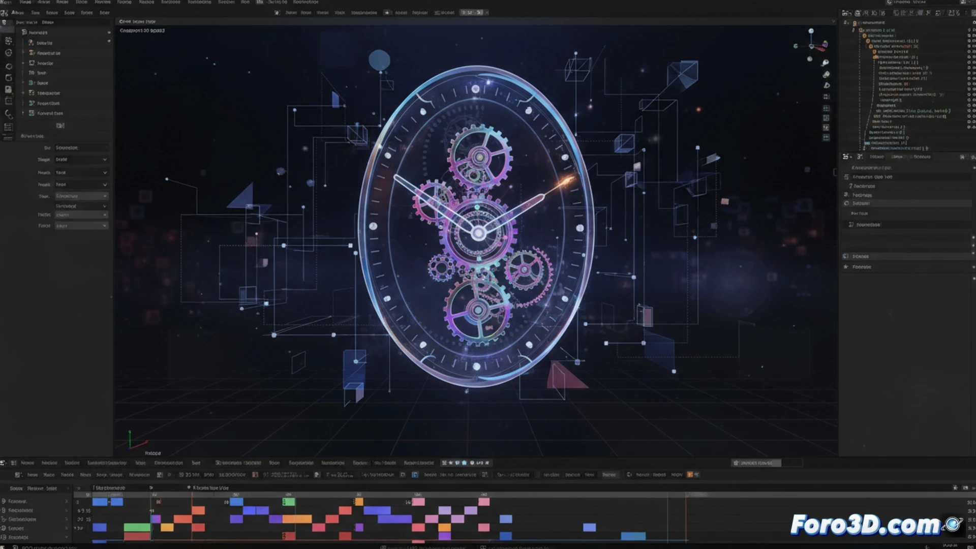 Blender workspace scene demonstrating Clock Face Generator extension in action, user adjusting clock hand rotation parameters via Python-driven UI panel, circular and elliptical dial outlines being generated in real-time, text elements with custom font and vertical offset appearing on clock faces, technical illustration style, clean interface layout, translucent blue and gray UI elements, precise geometric guides visible, wireframe overlays showing mesh construction, photorealistic 3D viewport with soft studio lighting, detailed mechanical components on clock faces, subtle depth of field, professional engineering visualization
