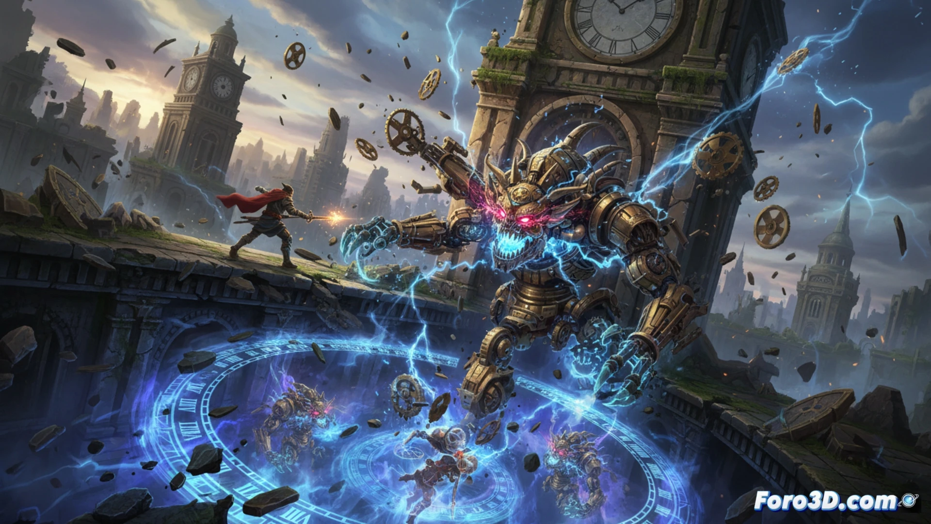 roguelite hero trapped in a crumbling dungeon corridor, shattered clock gears floating mid-air as temporal loops fracture reality, protagonist firing a glowing energy bow at a shadowy monster while a broken hourglass spills sand upward, cinematic action scene, dark cavern walls covered in pulsating runes, glowing blue and orange magic trails, motion blur on combat strikes, photorealistic technical render, dramatic volumetric lighting, debris particles frozen in time, ultra-detailed stone textures, epic fantasy atmosphere