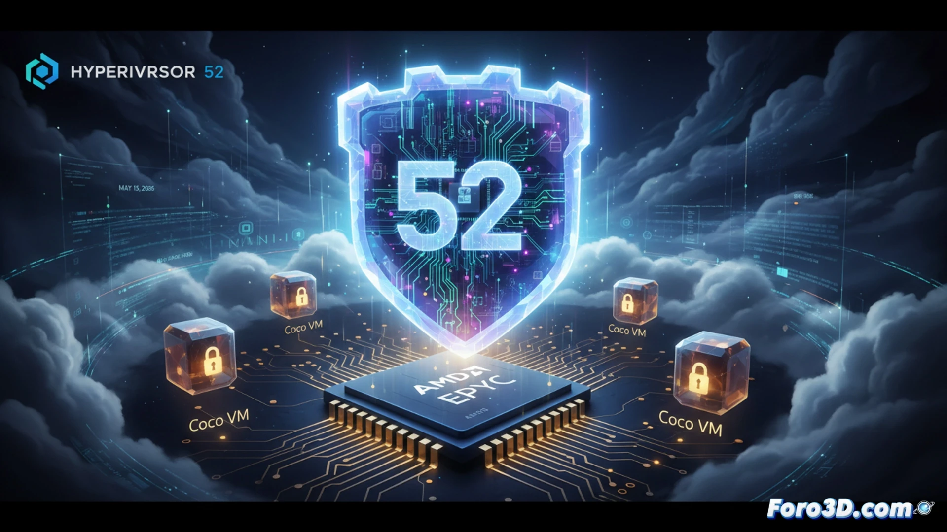 Cloud hypervisor architecture diagram, AMD EPYC processor chip with SEV-SNP security enclave glowing blue, KVM hypervisor layer managing CoCo VM boot process, measured boot sequence showing encrypted memory regions, two virtual machines side by side demonstrating confidential computing isolation, one VM under Microsoft MSHV comparison, technical engineering visualization, motherboard traces connecting CPU to memory controller, secure data flow arrows with lock icons, dark server room background with rack servers, photorealistic industrial render, dramatic blue and amber lighting, ultra-detailed silicon die pattern, cinematic technical illustration
