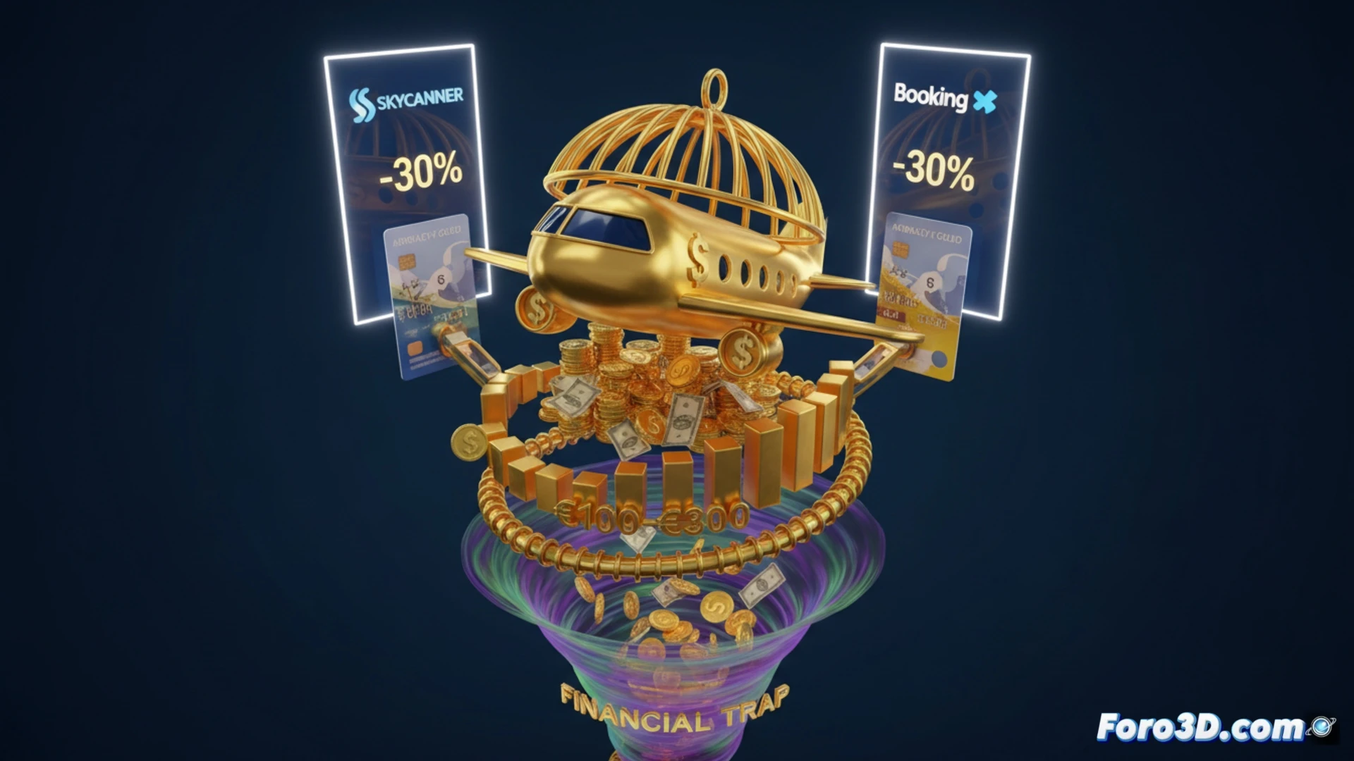 Visualización financiera 3D de club de viajes Gold con gráficos de ahorro engañoso y costes ocultos