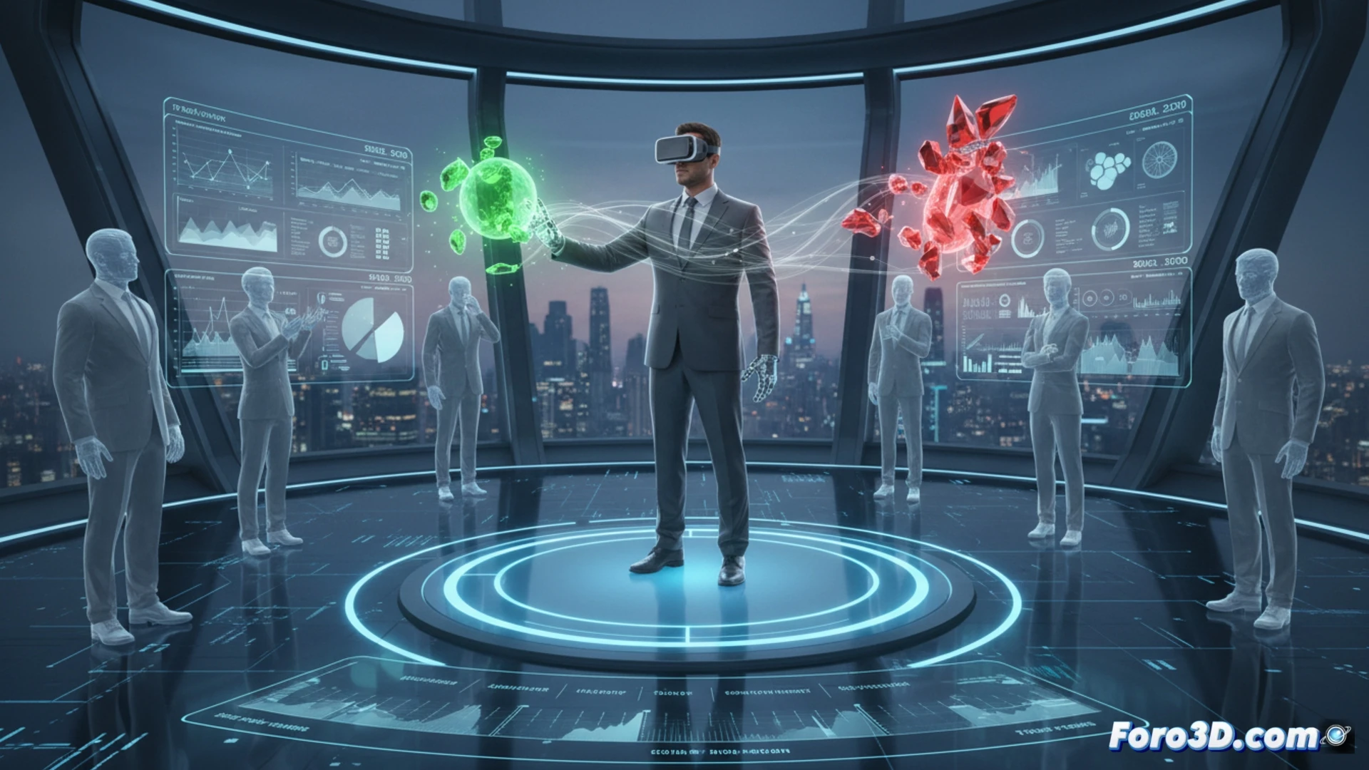 Un ejecutivo con gafas 3D practica una presentación frente a una audiencia virtual, mientras un coach señala gestos y posturas en una pantalla táctil.