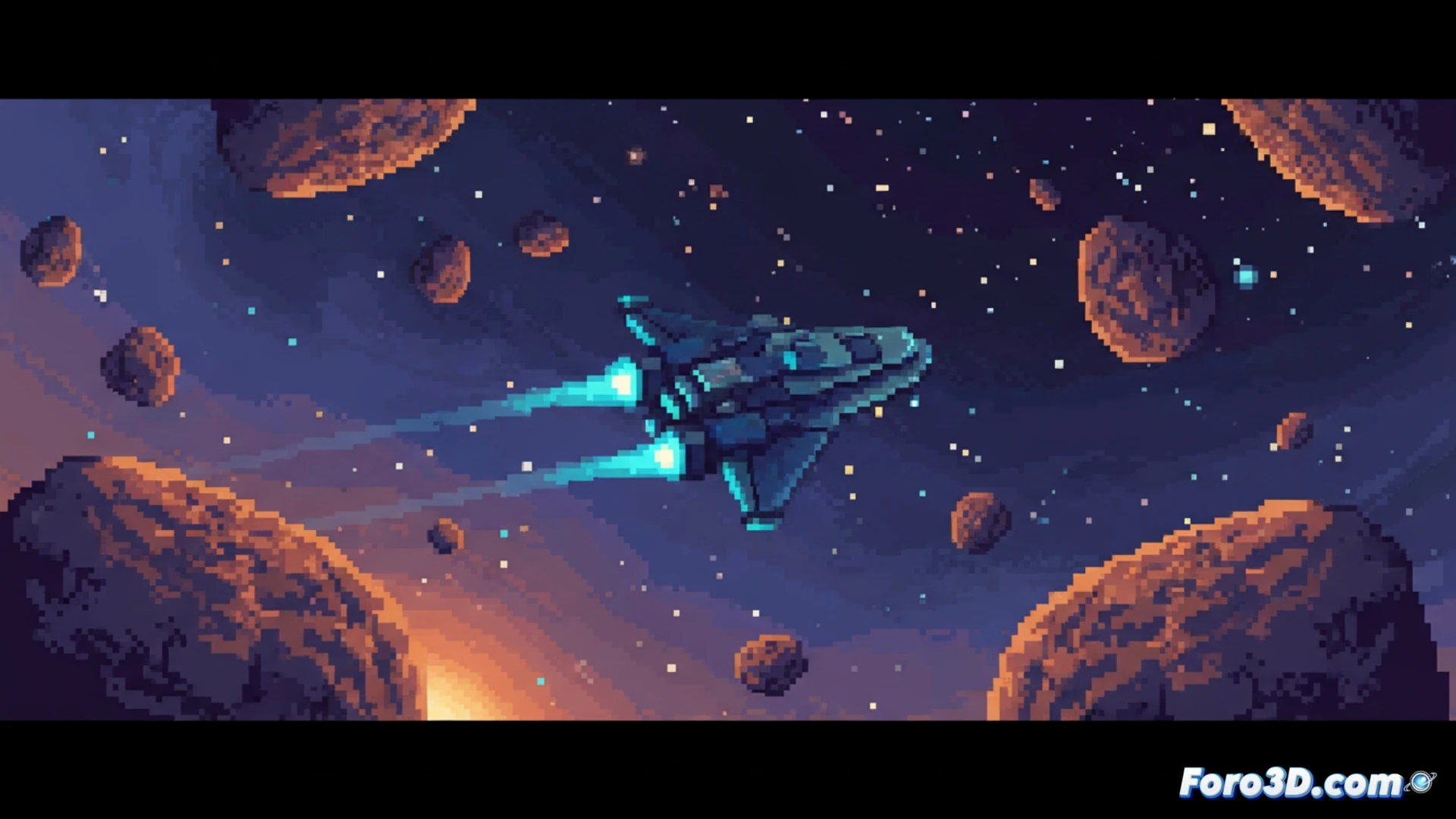 Cobalt Core pixel art sci-fi minimalista desarrollado en Godot Engine con Aseprite, escena espacial con naves y asteroides