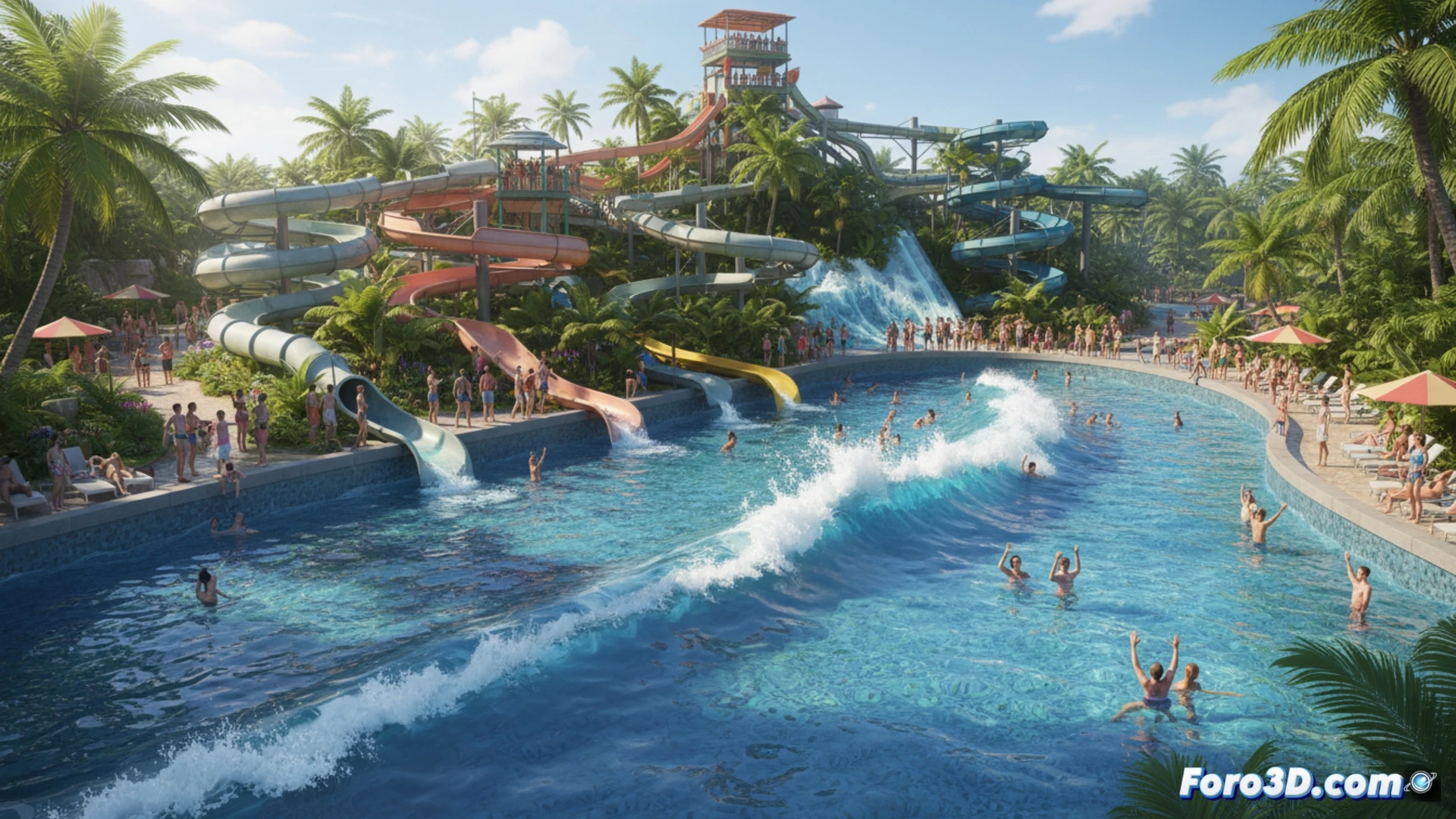 Captura de Planet Coaster 2 mostrando agua realista con reflejos y olas dinámicas en un parque acuático