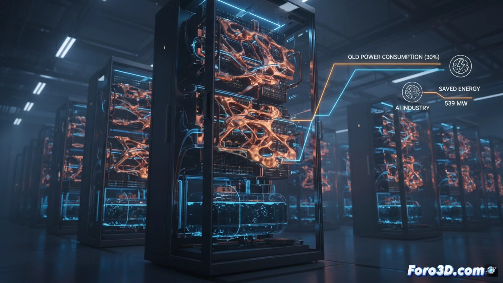 Ilustración futurista de servidores con placas de cobre impresas en 3D, brillando con luz azul y naranja, reduciendo el calor y el consumo energético.