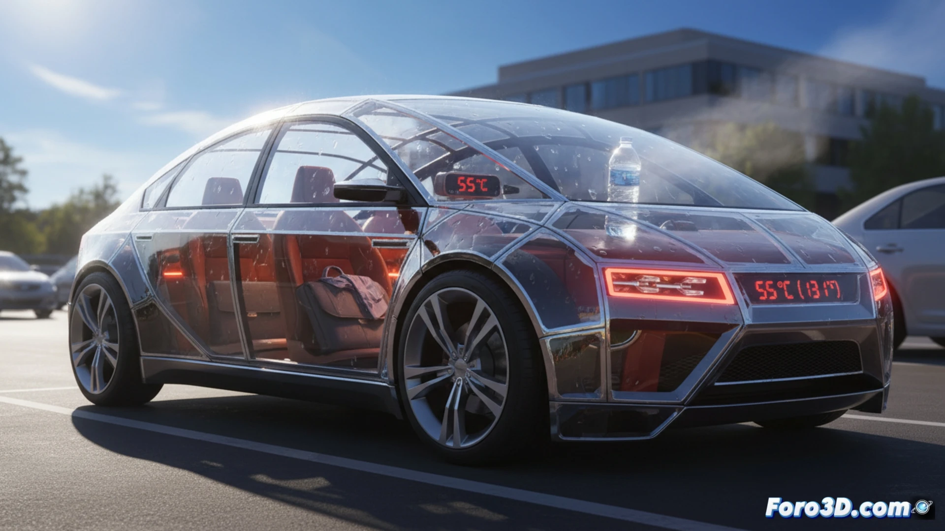 Photorealistic cinematic scene of a modern car interior transformed into a greenhouse effect, dashboard surface showing extreme heat distortion waves, a plastic water bottle on the passenger seat warping from intense internal temperature, sunlight streaming through large panoramic windshield and side windows creating visible trapped thermal radiation, temperature gauge on dashboard indicating 60 degrees Celsius, sweat droplets forming on steering wheel, air shimmering inside cabin, dramatic high-contrast lighting with harsh sunbeams, ultra-detailed reflection on glass surfaces, technical engineering visualization demonstrating solar heat gain through automotive glazing