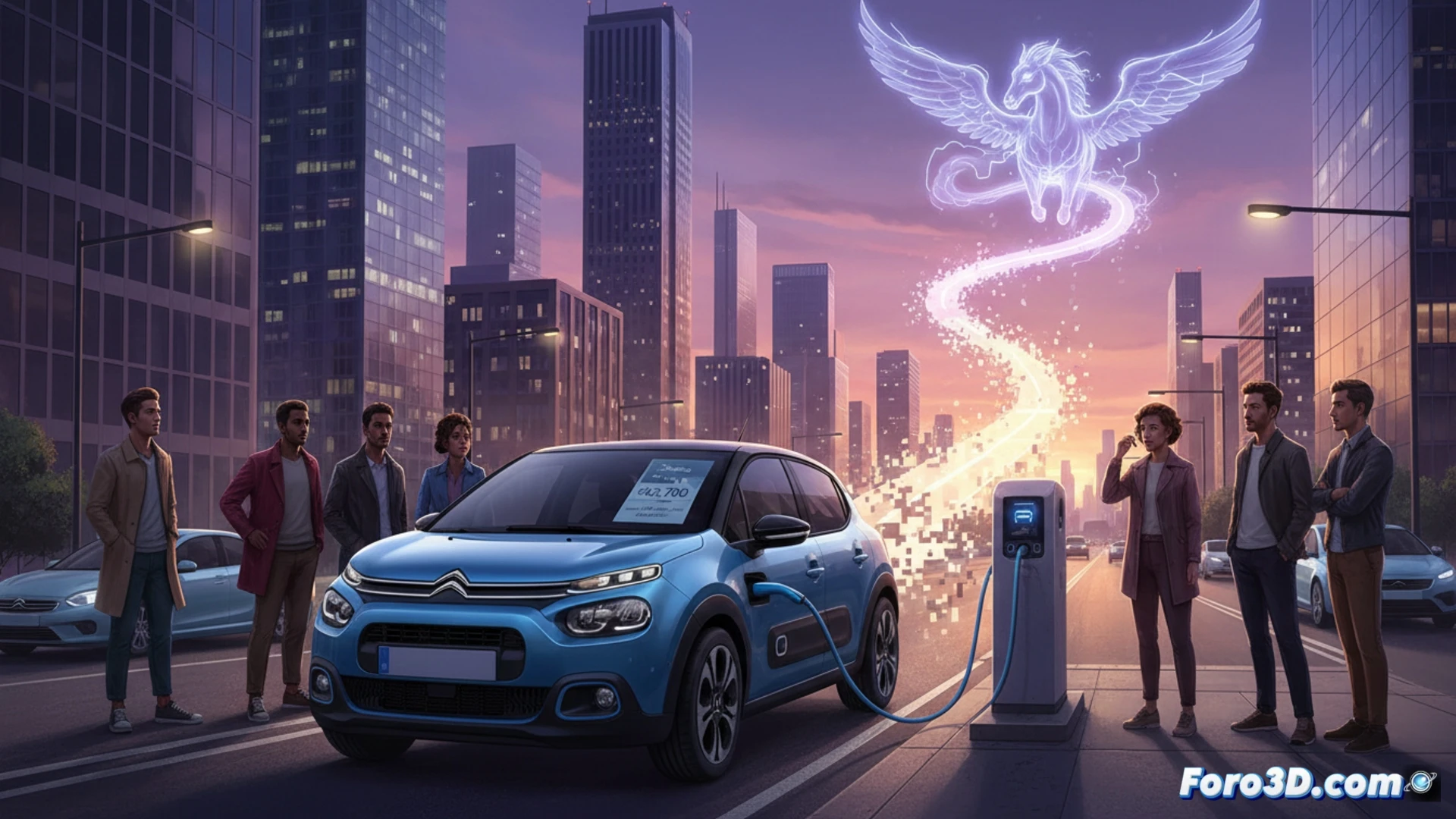 electric vehicle dashboard display showing a half-empty battery icon next to a crossed-out range marker, driver pressing a charging station cable while looking at a smartphone app showing lower-than-expected autonomy, split-screen scene with a Citroën ë-C3 parked beside a price tag falling down, technical illustration style, photorealistic engineering visualization, cold blue and orange ambient lighting, detailed dashboard instruments, charging cable with realistic connector, smartphone screen reflecting frustrated user expression, precise mechanical components visible through cutaway car body, dramatic contrast between affordable price symbol and unmet range promise