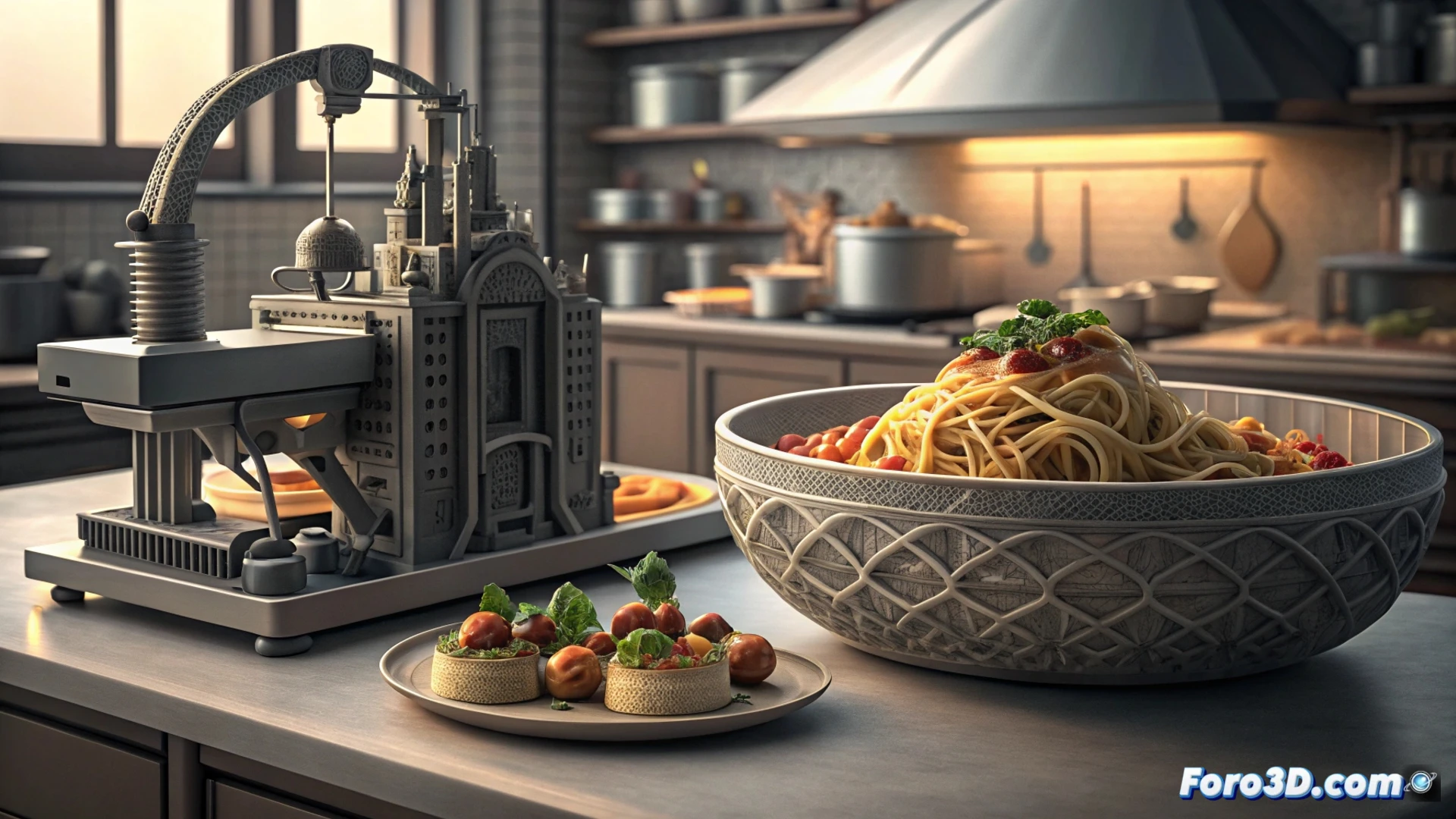 Cocinero con gafas de realidad virtual manipula una impresora 3D de alimentos que crea un plato geométrico con espumas y esferas perfectas en una cocina futurista.