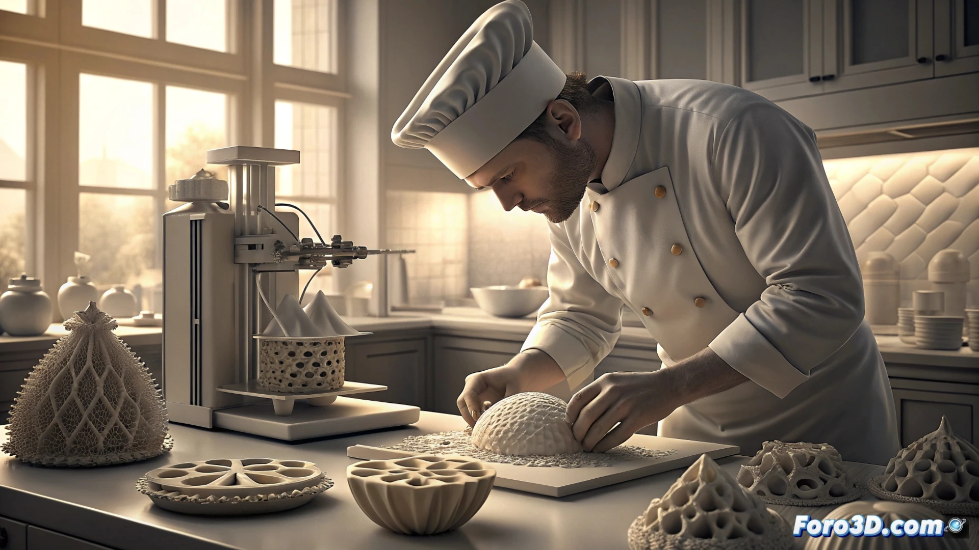 Un chef manipula una impresora 3D que deposita puré naranja en formas geométricas sobre un plato blanco, con chocolates de estructura hueca al lado.