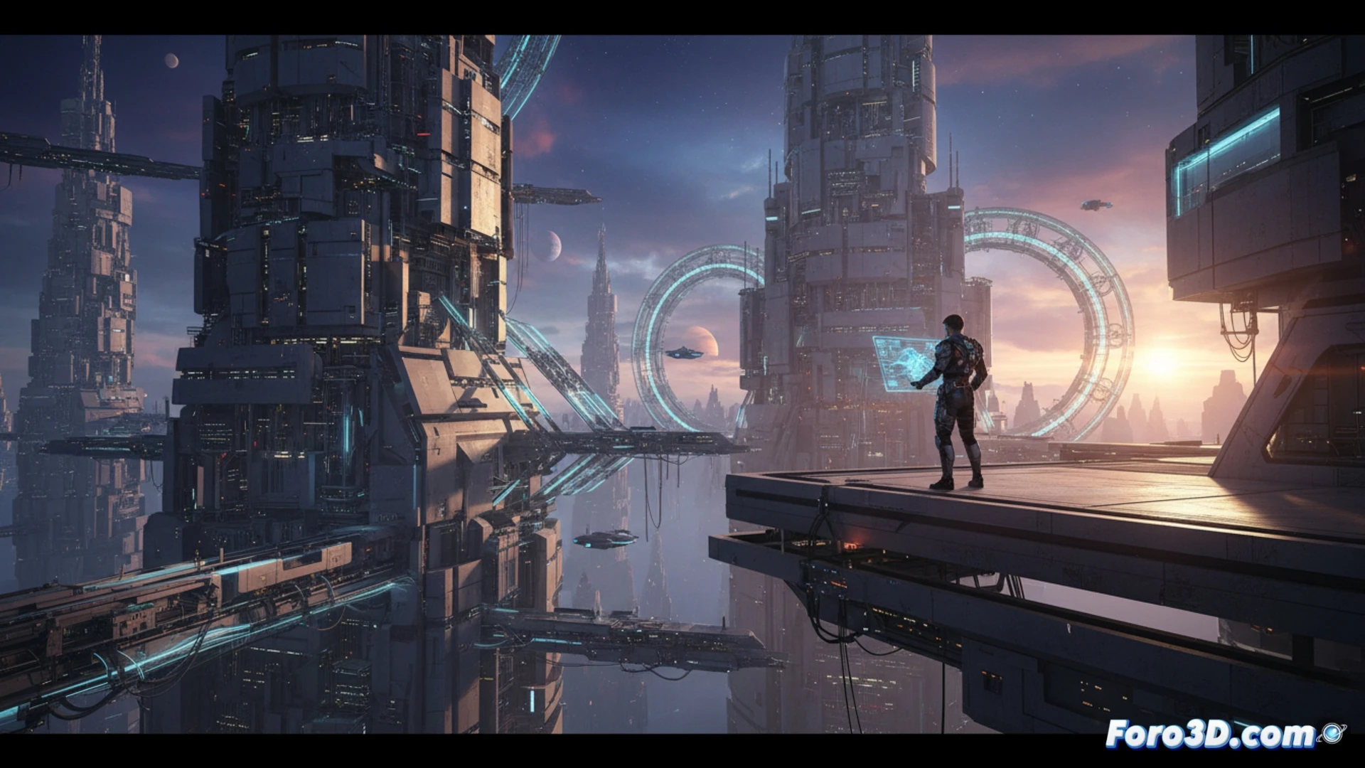 Captura de Code: Explorer con megaestructura sci-fi y iluminación de UE5 mostrando escala colosal