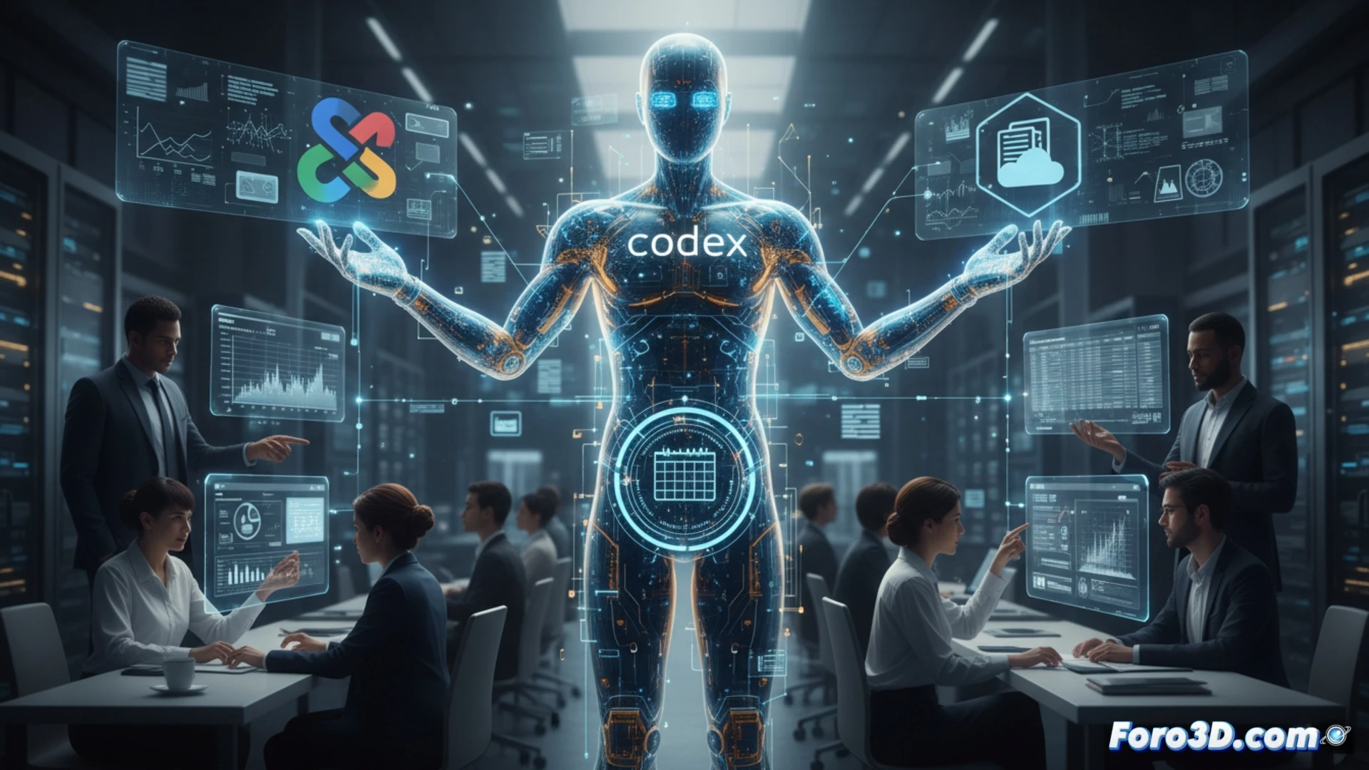Un ejecutivo sonriente toca una pantalla táctil donde Codex conecta ChatGPT con Slack, Google Drive y un calendario, automatizando tareas mientras sugiere optimizaciones.