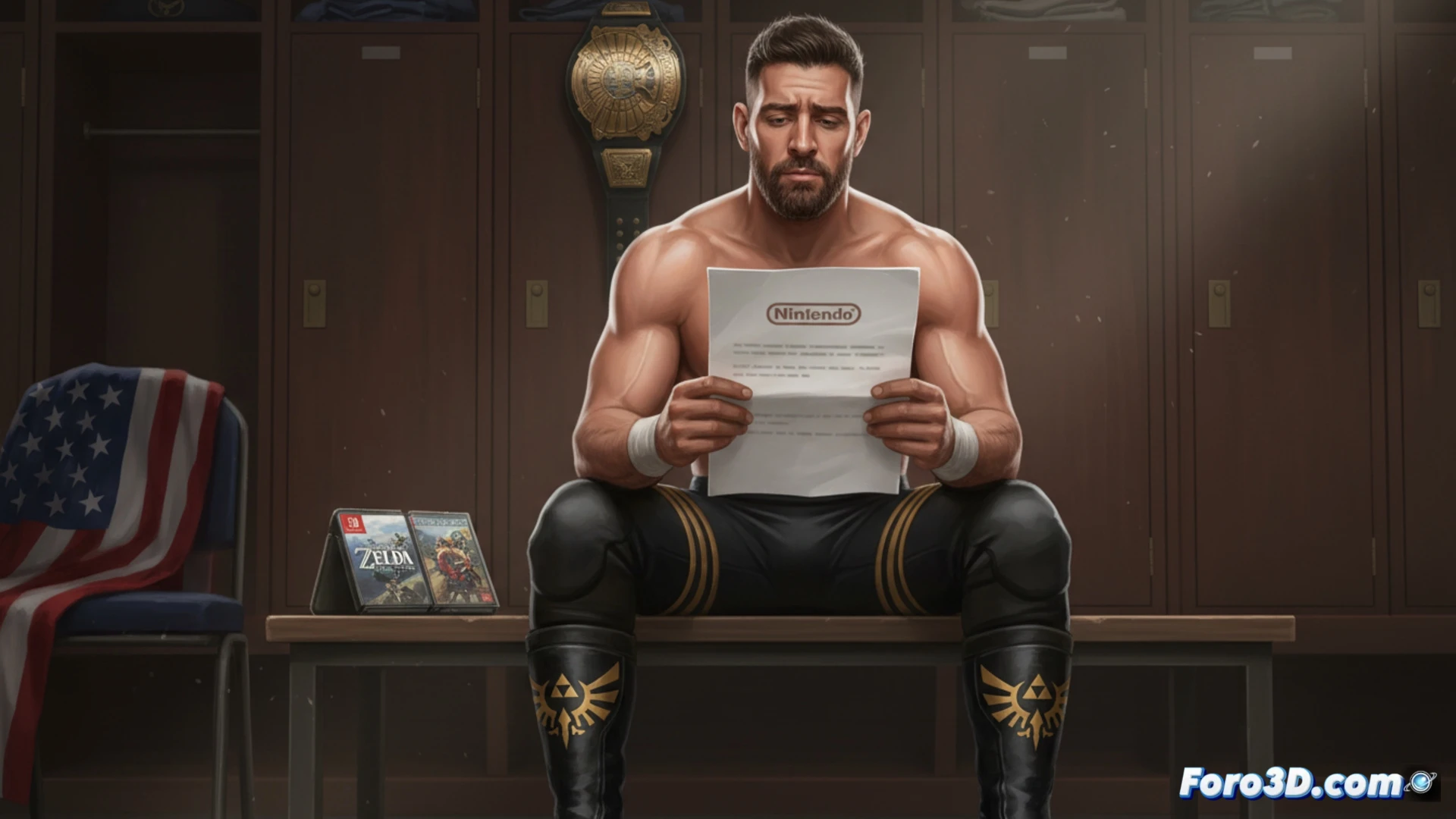 wrestler boot sole with embossed triangular Triforce symbol being examined under magnifying glass, legal document with Nintendo letterhead resting beside boot, yellow caution tape partially wrapped around boot heel, dramatic studio lighting casting sharp shadows on concrete floor, photorealistic product photography style, close-up macro shot showing worn leather texture and golden thread stitching, envelope with wax seal in background, technical documentation with highlighted paragraphs visible on desk, ultra-detailed surface imperfections, cinematic depth of field