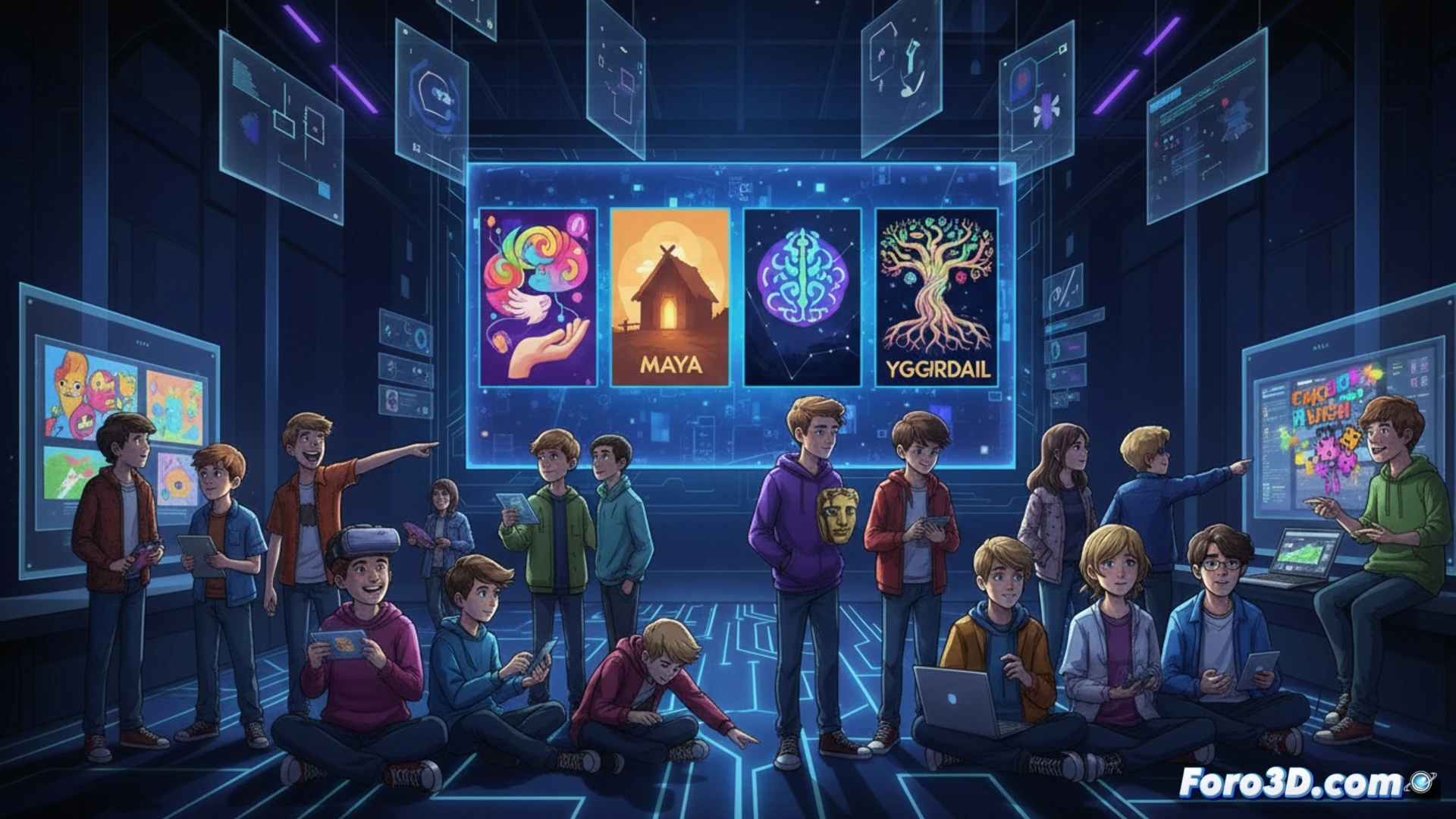 two teenage game developers collaborating at a dual-monitor workstation, one sketching pixel art for a side-scroller on a graphics tablet while the other codes a bullet-hell pattern on a screen showing In Your Head, Maya and Yggdrasil project files visible on a shared digital whiteboard, mechanical keyboards and a 3D mouse on the desk, cinematic technical illustration style, warm studio lighting, blue and orange accent glow from monitors, photorealistic render with subtle lens flare, hands actively demonstrating a gameplay mechanic on a controller