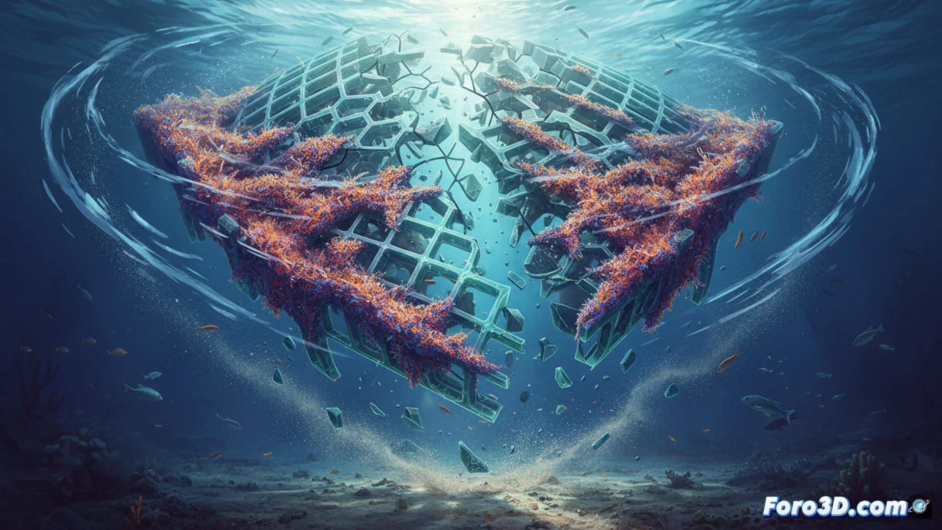 Arrecife sintético 3D colapsado con briozoos, análisis por sonar de fatiga de biopolímeros marinos