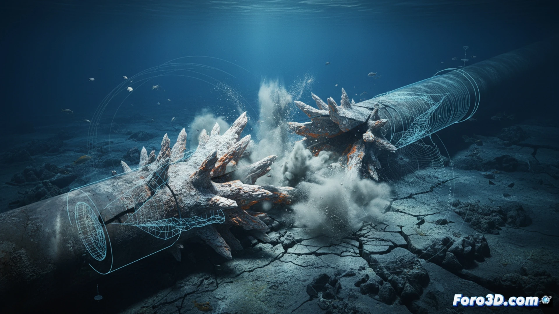 Reconstrucción 3D de tubería PRFV colapsada por scaling de salmuera en fondo marino con sonar y fotogrametría.