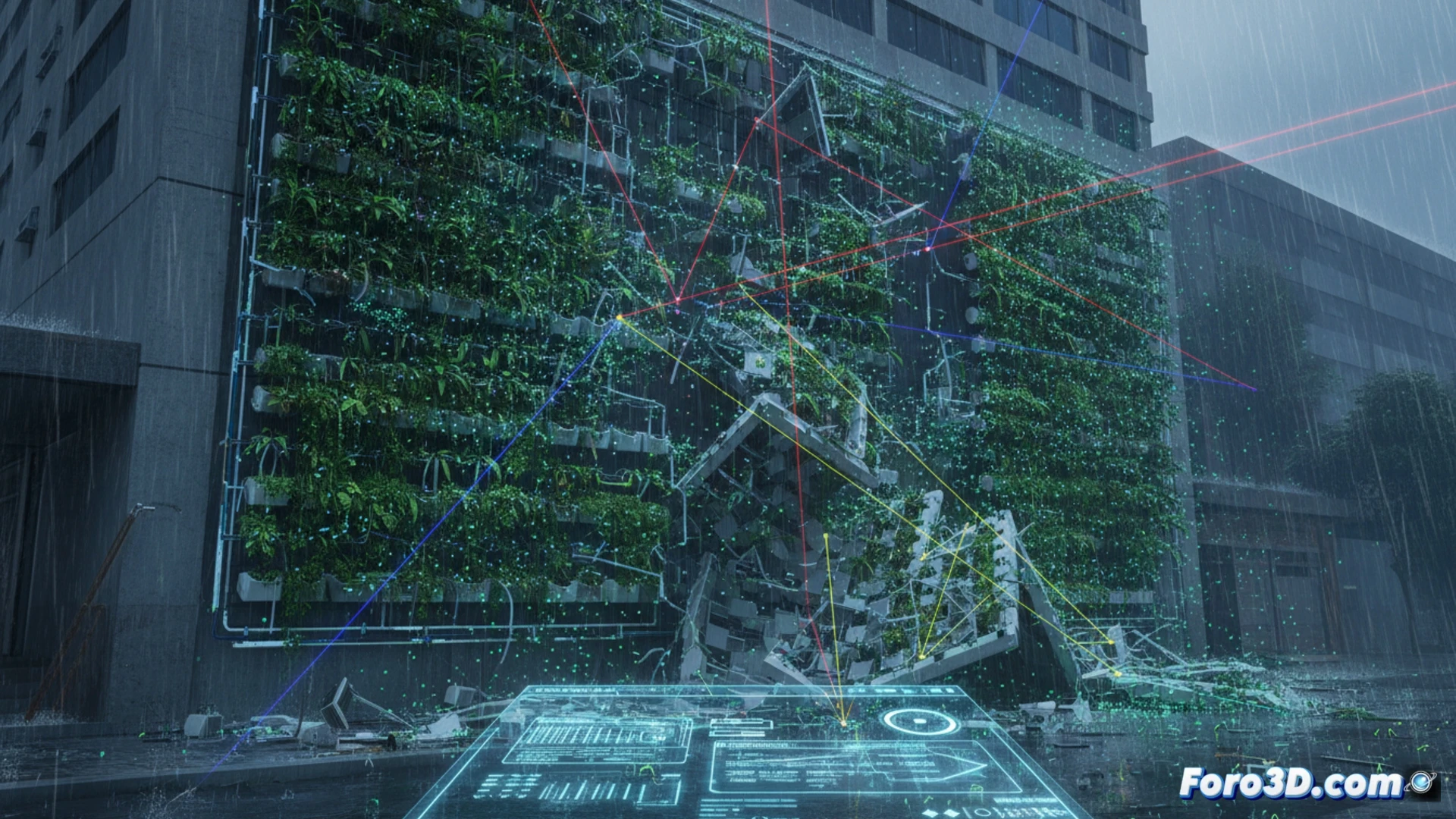 Fachada verde hidropónica colapsada con escombros en acera, escaneo láser 3D en progreso, edificio corporativo dañado