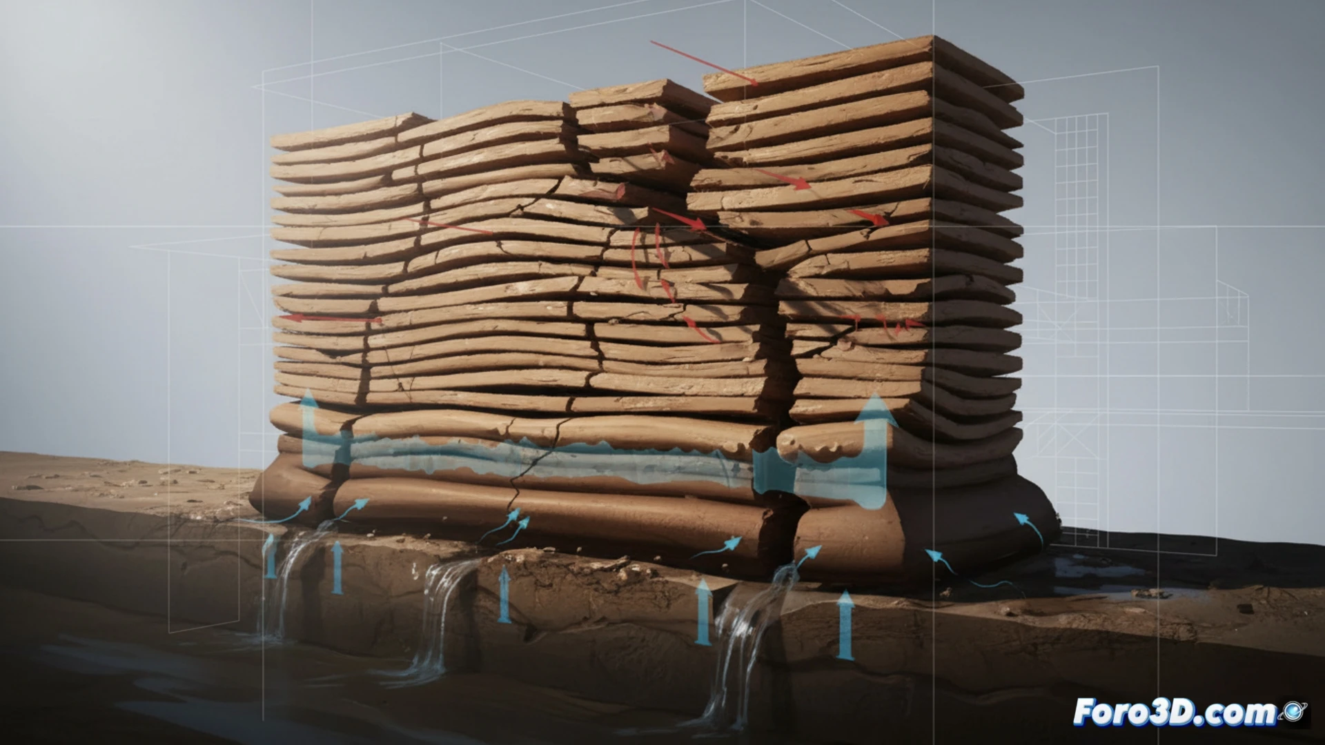 Muro de arcilla colapsado con grietas en la base, escaneo 3D muestra saturación de agua en capas inferiores