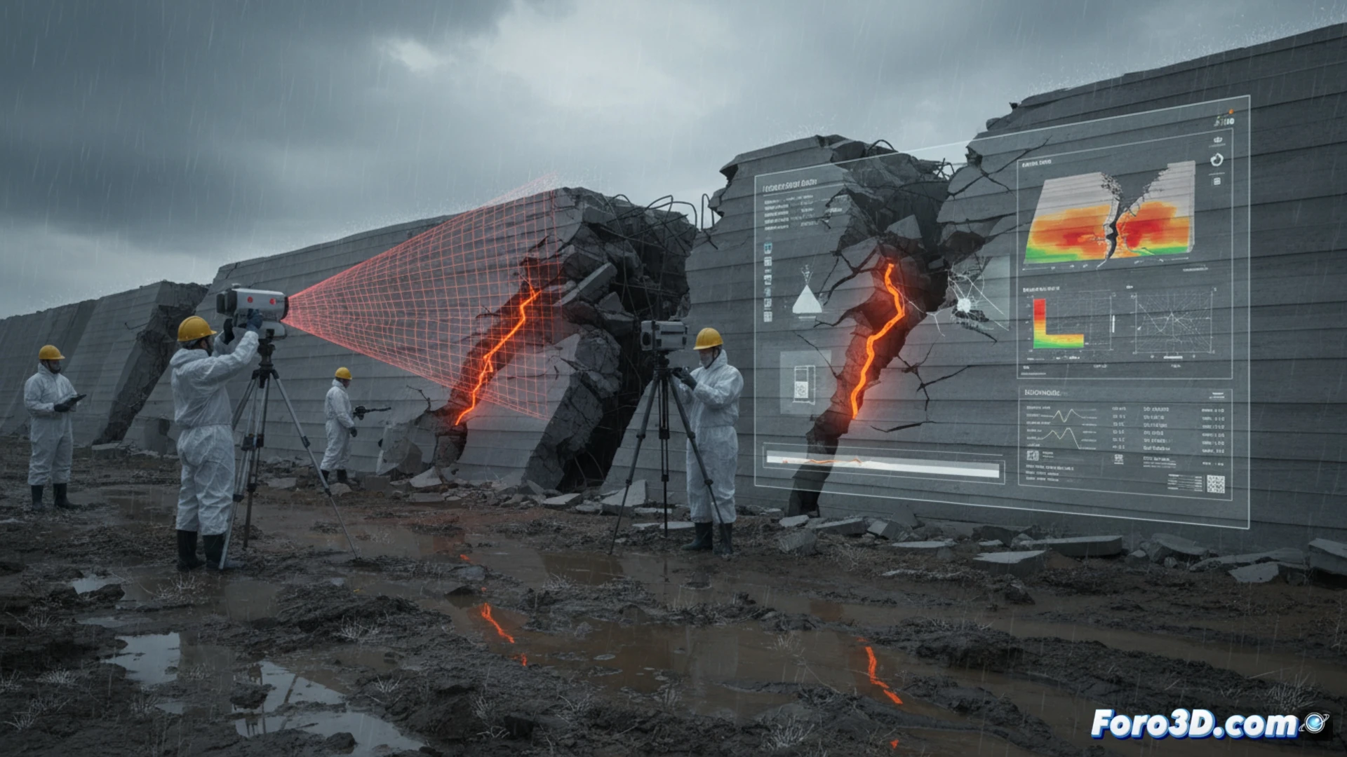 Escaneo láser de muro de hormigón impreso en 3D colapsado tras lluvia, análisis forense estructural