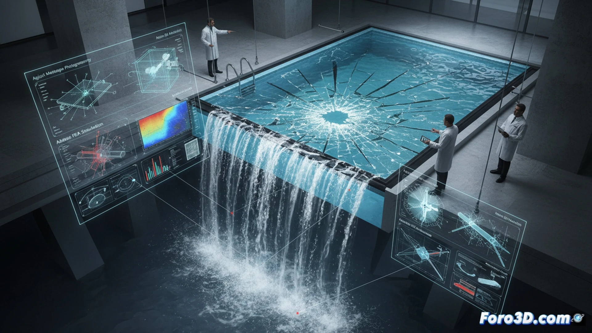 Fotogrametria 3D de restos de piscina de cristal colapsada con analisis de fractura y simulacion por elementos finitos