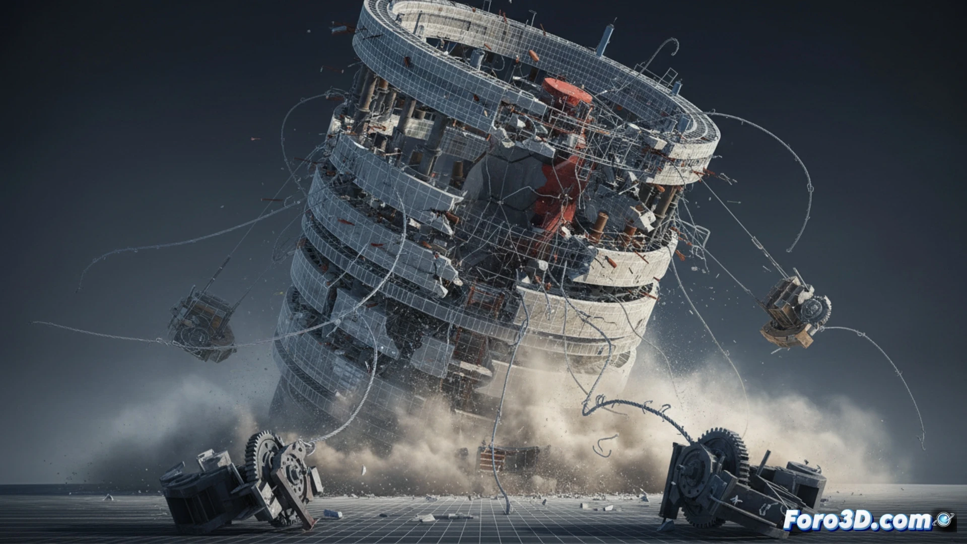 Simulación forense 3D del colapso de torre gravitatoria con bloques de hormigón y cables de acero rotos