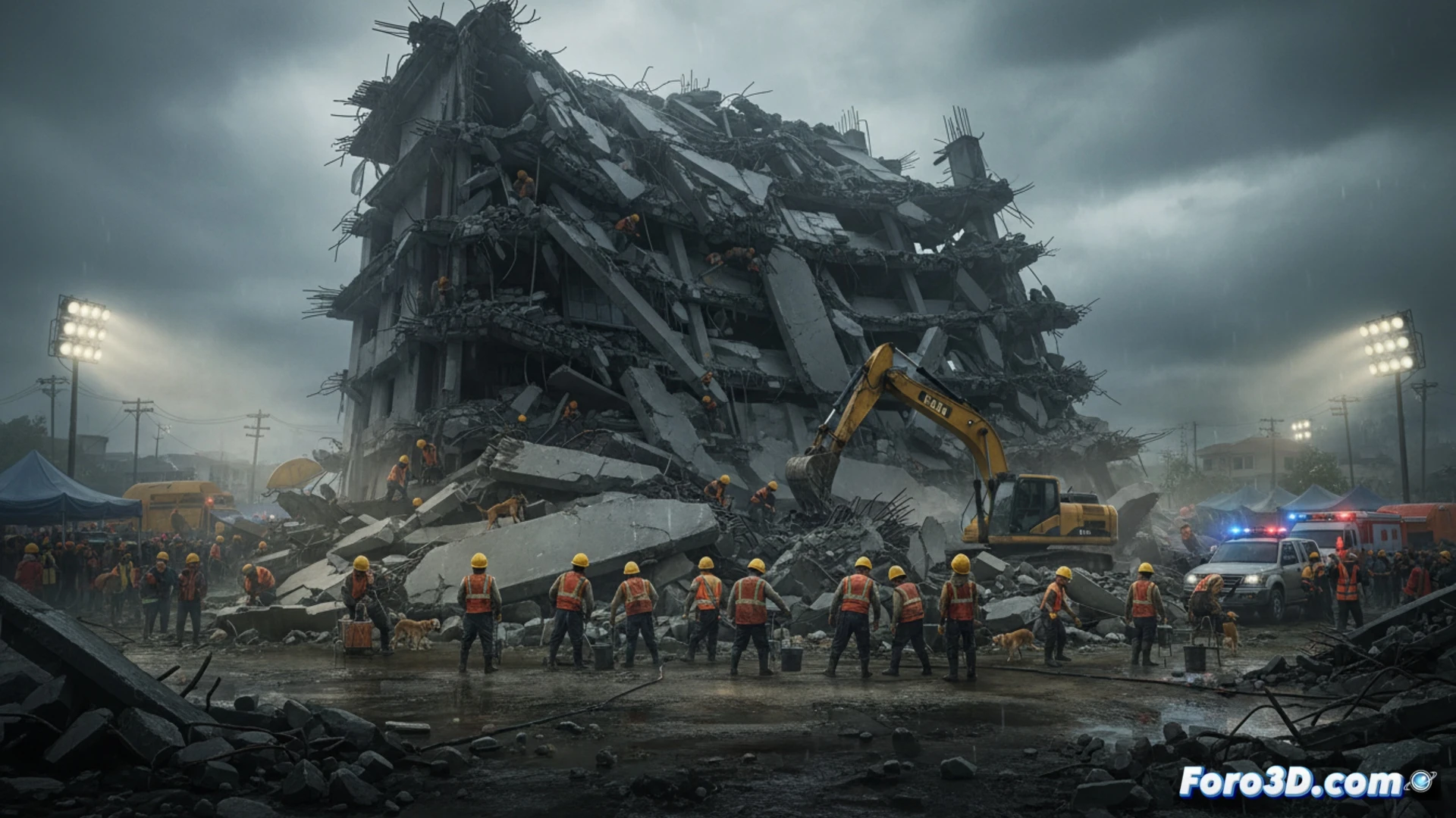 collapsed nine-story building in Philippines during storm, concrete slabs and twisted steel rebar piled up, rescue workers in orange helmets using hydraulic cutters and jackhammers on debris, rain-soaked rubble with scattered construction tools, crane lifting massive concrete block, floodlights illuminating the scene at dusk, cinematic photorealistic disaster scene, dramatic storm clouds overhead, mud and water pooling around broken foundations, dust particles suspended in humid air, urgent rescue action visible, technical engineering visualization with structural failure details