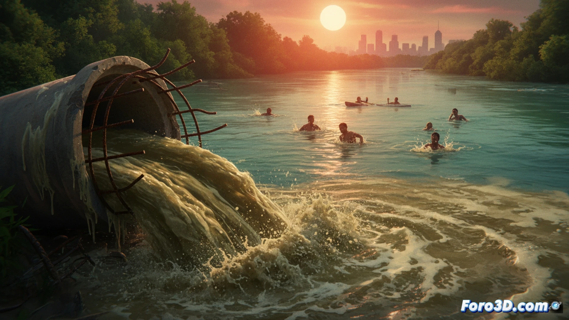massive sewage pipe rupture in Maryland, muddy brown wastewater gushing violently into Potomac River, 360 Olympic pools worth of fecal water spilling, toxic foam forming on river surface, broken concrete pipe section with exposed rebar, warning signs on riverbank, emergency response vehicles with flashing lights in background, sick swimmers clutching stomachs in shallow water, contaminated splash droplets airborne, industrial infrastructure failure scene, photorealistic environmental disaster visualization, dramatic overcast sky, murky green-brown water, high-angle wide shot showing scale of pollution, cinematic documentary style, ultra-detailed water texture with debris, realistic contamination flow patterns