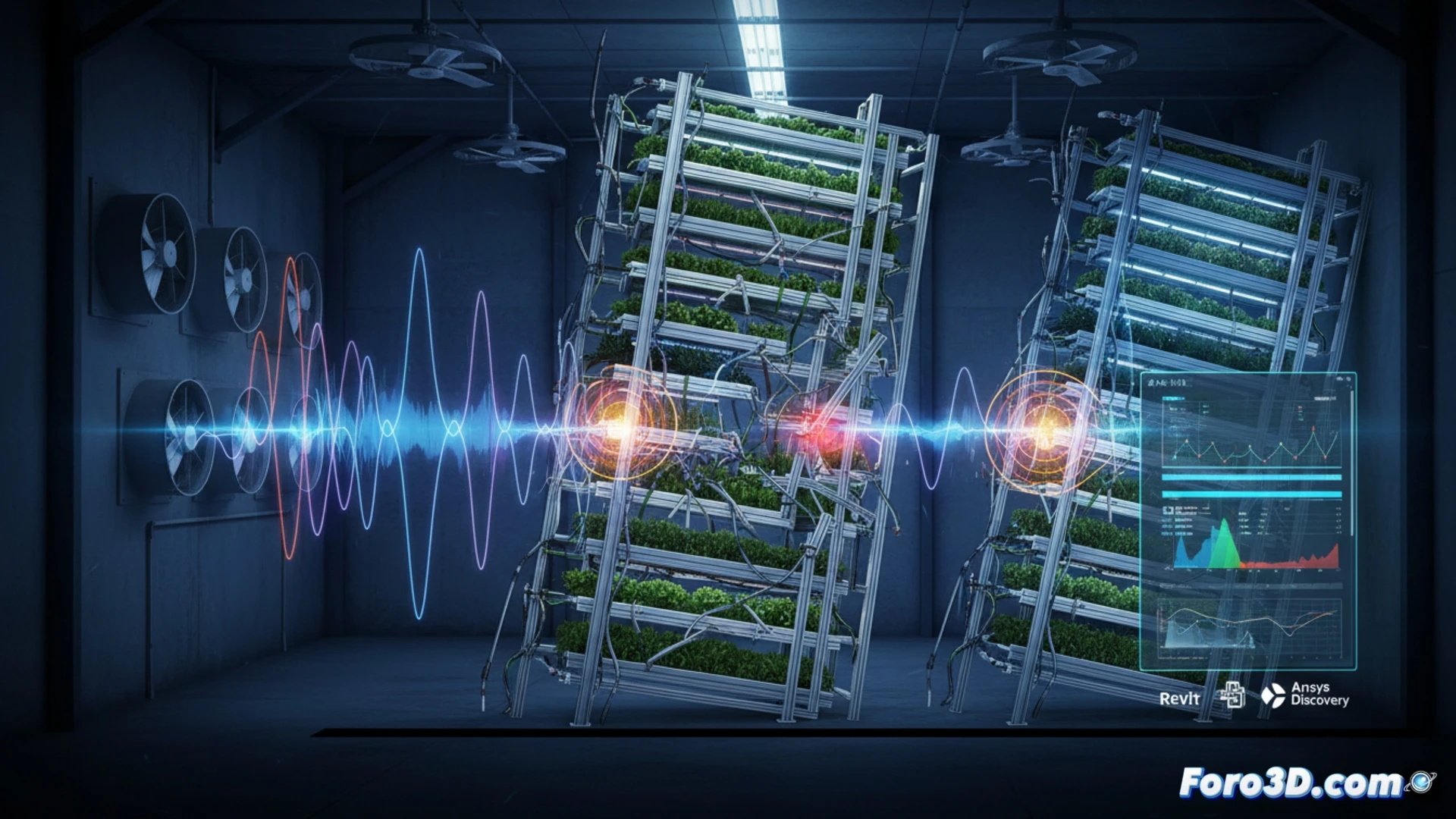 Render 3D de estructura colapsada de cultivo vertical con perfiles metálicos retorcidos y bandejas caídas
