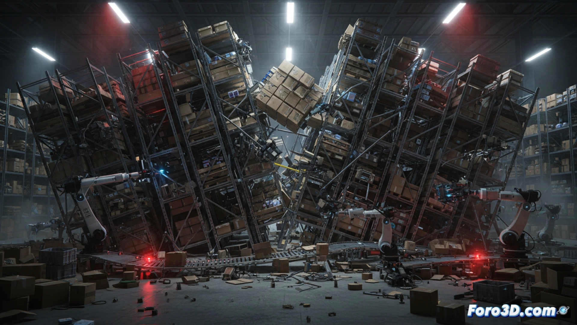 racks metalicos colapsados en dark store con robots de picking y cargas descentradas