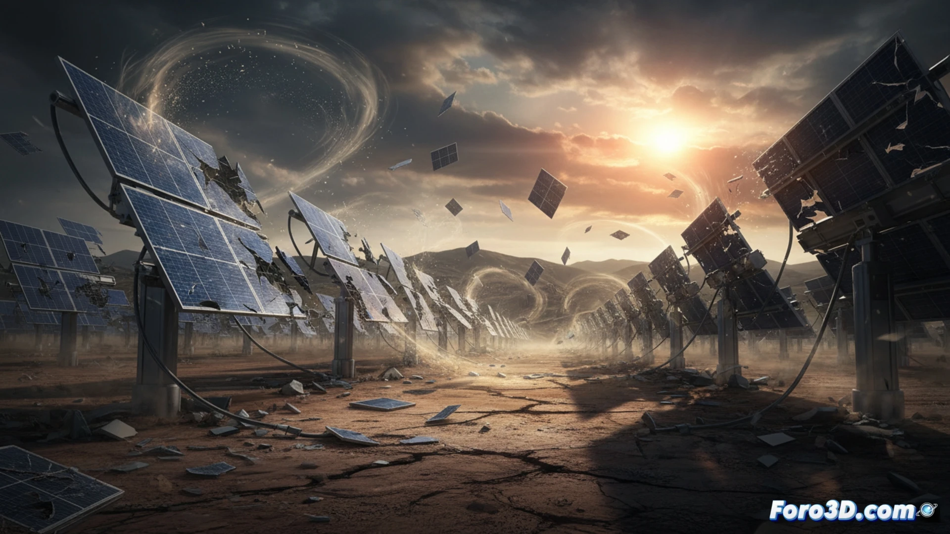 Paneles solares rotos y retorcidos en suelo, seguidores inclinados, cielo nublado de fondo, escena de desastre técnico