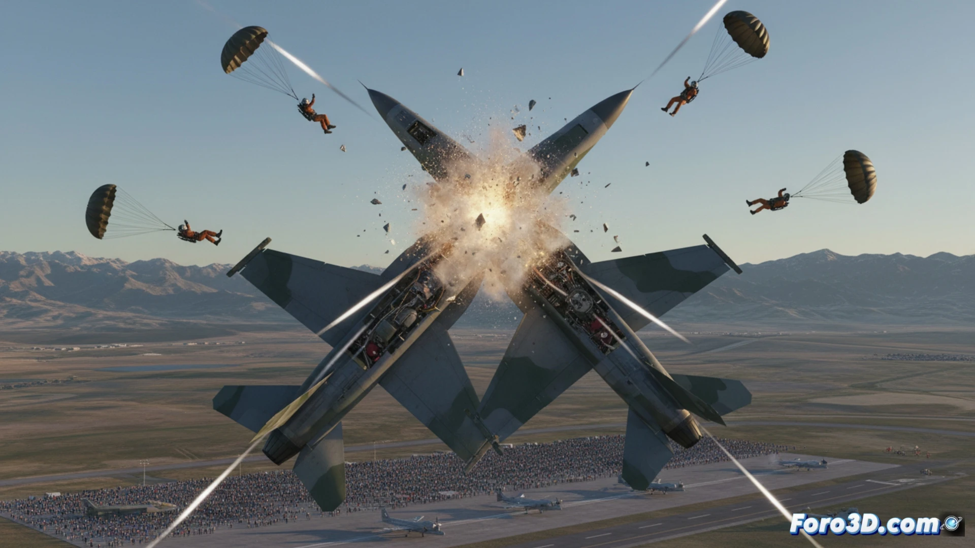 Reconstrucción 3D de colisión aérea en Idaho con restos en llamas y paracaídas descendiendo